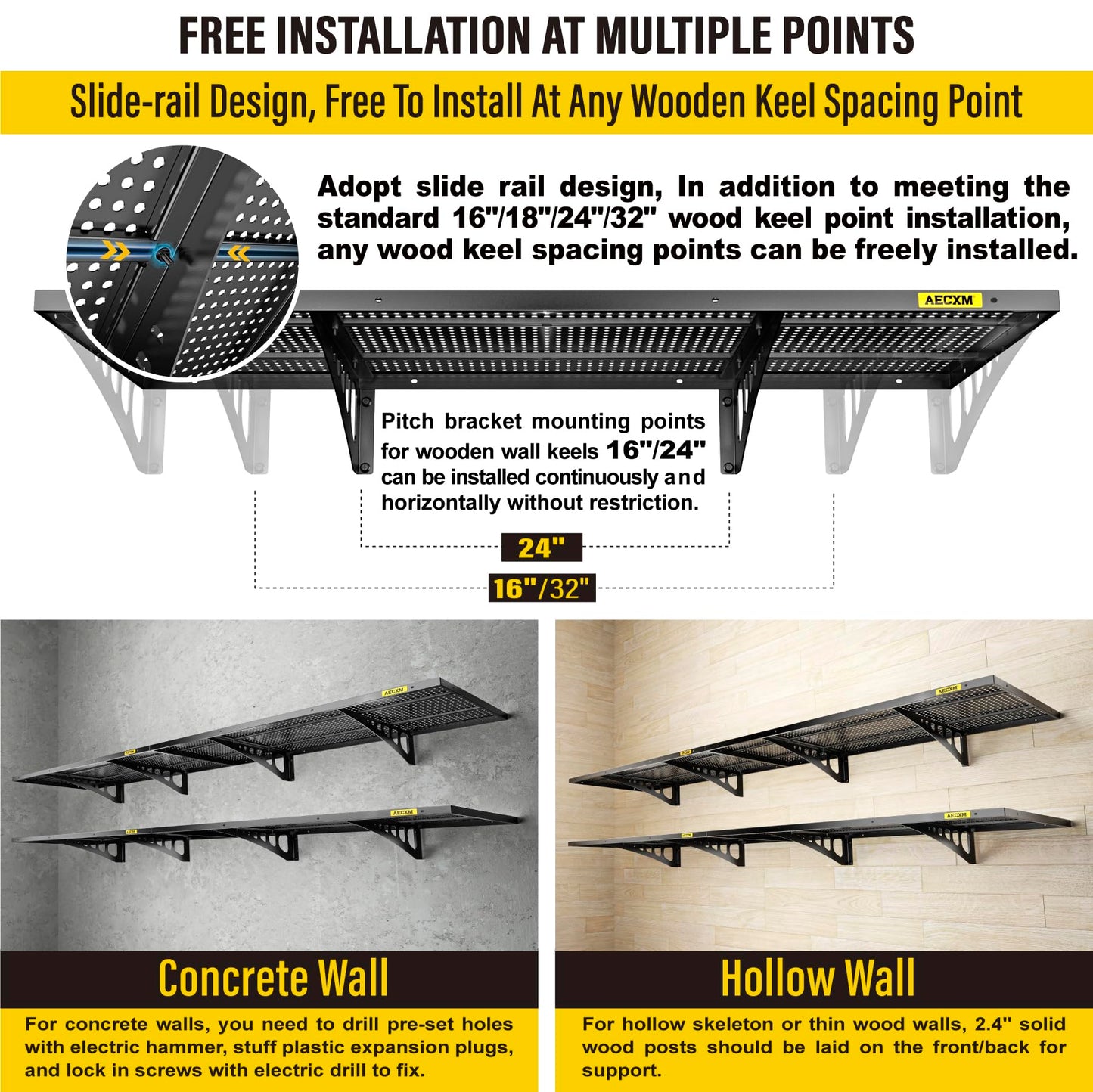 Aecxm 4-Pack 1.64x4ft Adjustable Garage Wall Shelving 1120lbs Load Capacity Heavy Duty Wall Mounted Storage Shelf Metal Floating Shelves for Garage(Black)