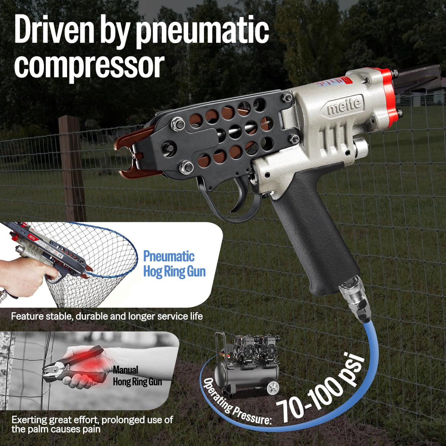 meite SC7C Pneumatic Hog Ring Gun, 15 Gauge 3/4" Crown Hog Ring Pliers, 5.5-6.0 mm Closure, Air C Ring Stapler for Mattress, Seat Assembly, Wire Cages, and Fencing