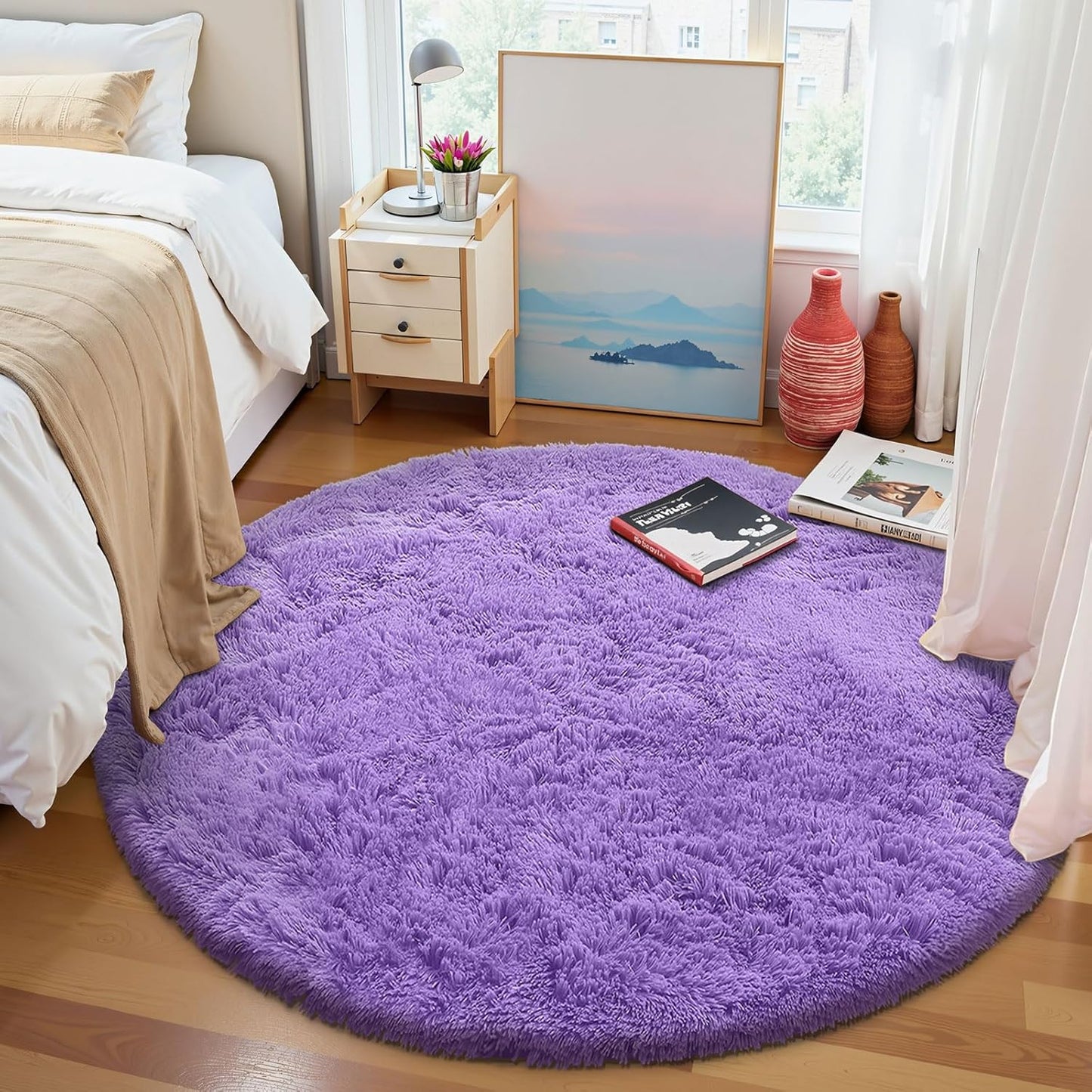 OLANLY Purple Round Rug - Soft & Fluffy 6 ft Circle Area Rug for Bedroom, Living Room & Nursery Decor