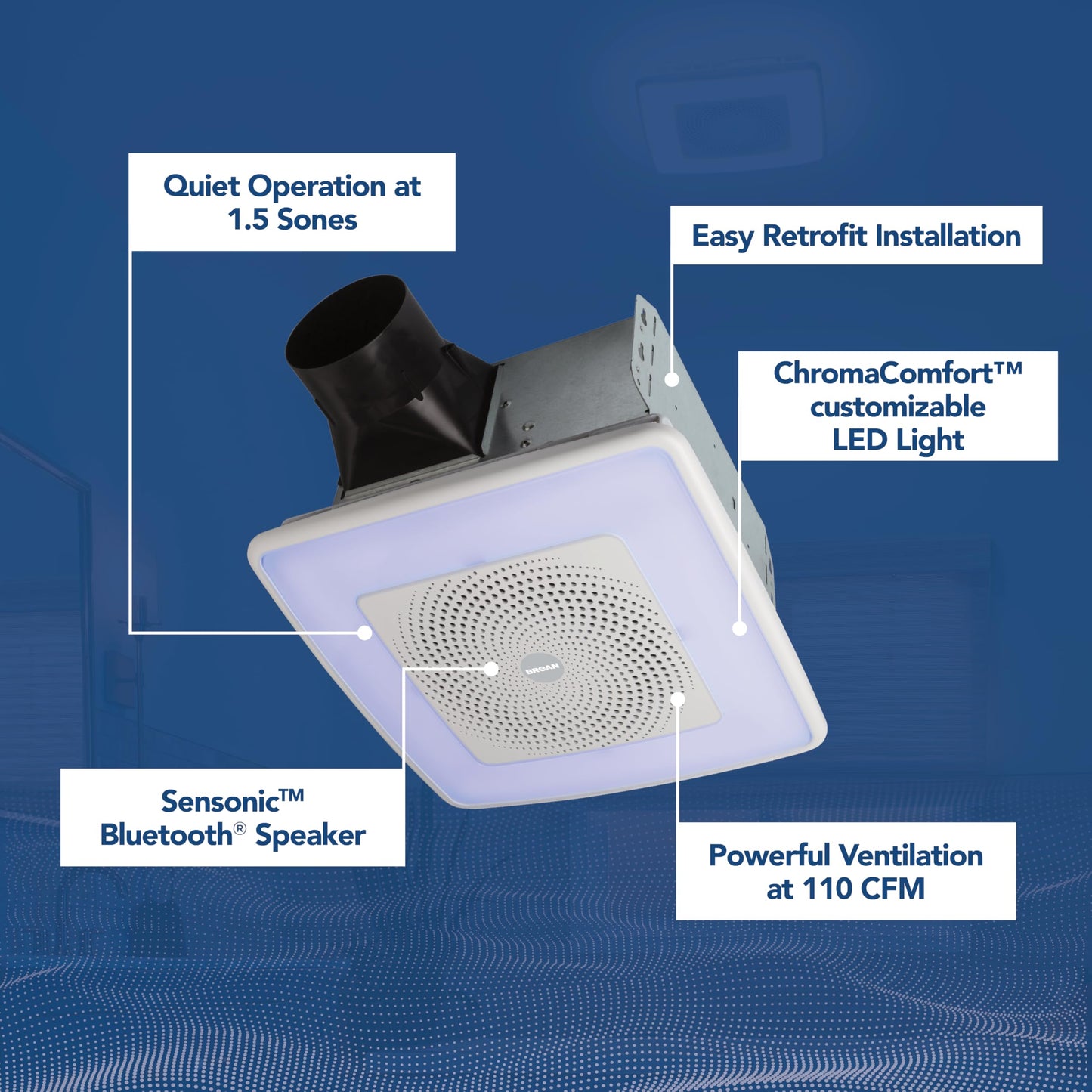 Broan-NuTone ChromaComfort Bathroom Exhaust Fan with Bluetooth Speaker, Powerful 110CFM/1.5 Sones, 24-color LED Light, SPK110RGBL, Wall Switch