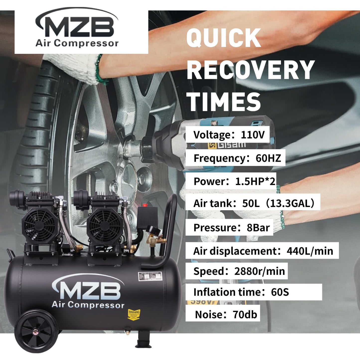 MZB 13.2 Gallon Ultra Quiet Air Compressor 115PSI Steel Tanks 70dB Noise Level Oil Free Air Compressor