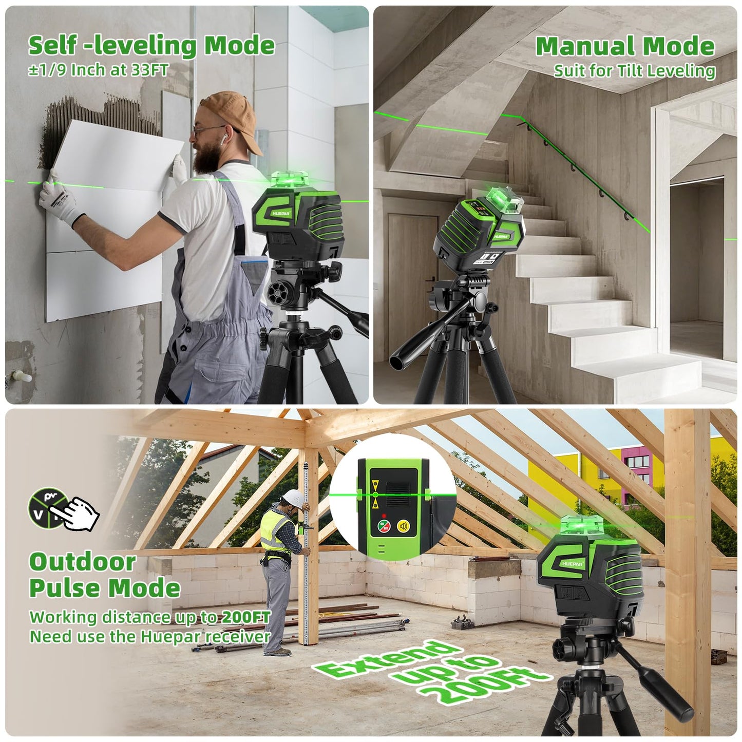 Huepar Self Leveling Laser Level Green Cross Line Laser Tool with 2 Plumb Dots, Fathers Days Dad Gifts-360° Horizontal Line&140° Vertical Level Laser with Up&Down Points -Magnetic Bracket&AA Batteries