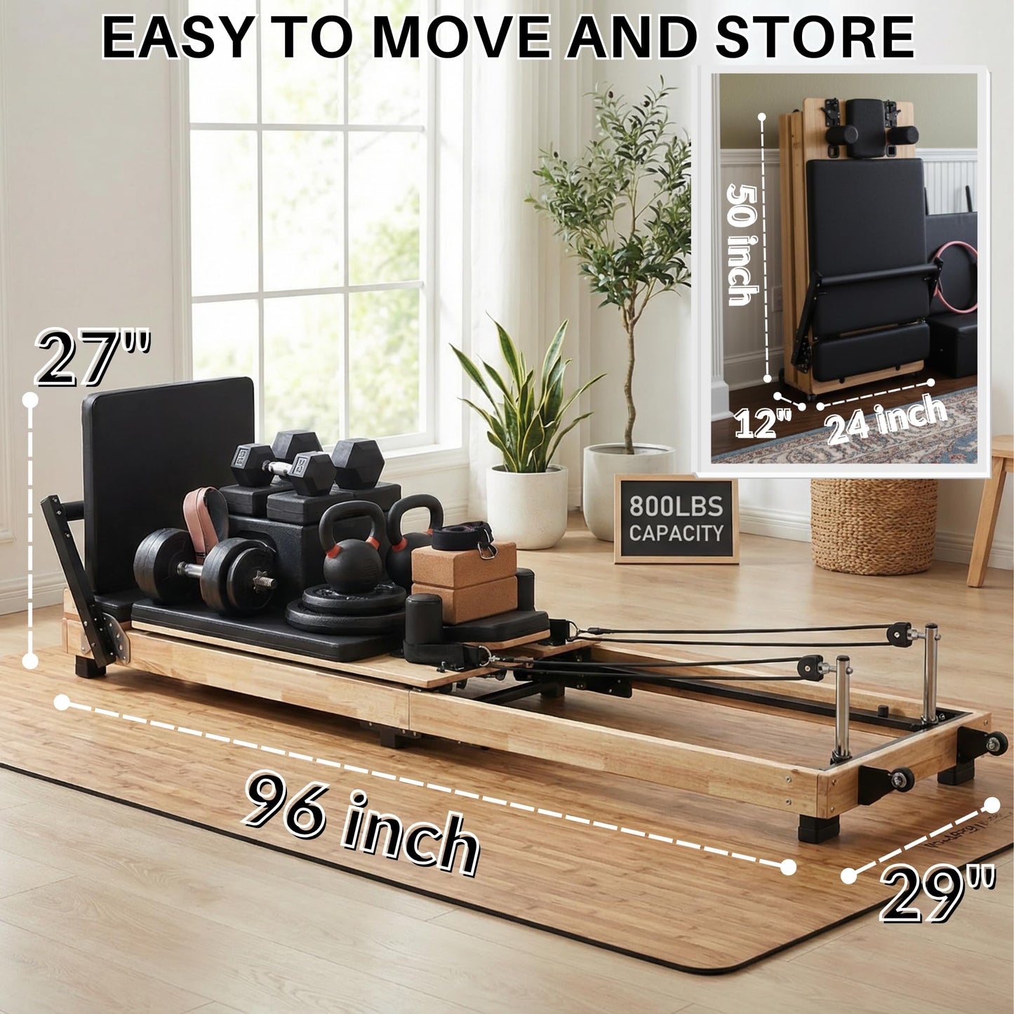 BIOCOR MAX4.0 Pilates Reformer, Wood Pilates Machine with Pilates Ring, Yoga Bands & Jumpboard, High-Resistance Springs, Foldable Pilates Equipment for Home Workouts up to 800 lbs Weight Capacity