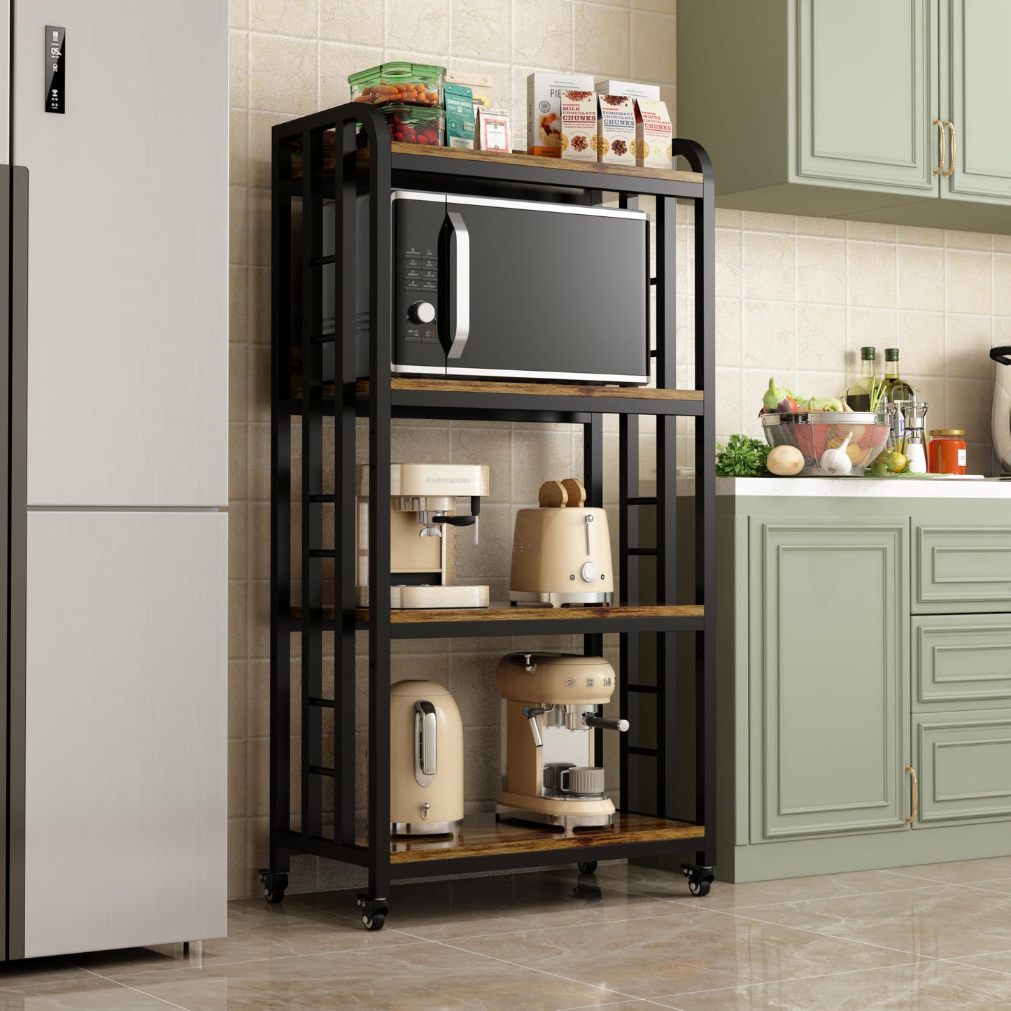 4-Tier Kitchen Baker's Rack with Rolling Wheels, Microwave Oven Cart Stand, Adjustable Utility Shelving Storage Unit, Heavy Duty Organizer Rack for Living Room, Garage, Home and Office(Brown)
