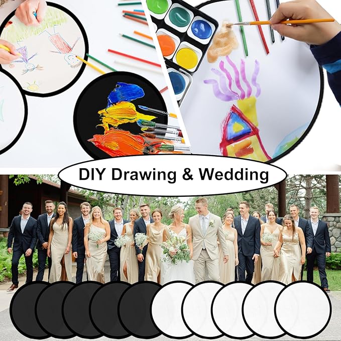100PCS Foldable Flying Disc Fans with Bags, 9.8'' DIY Handheld Black Egde Fabric Folding Fan for Outdoor Game Activities Birthday Party Favors Gifts, White