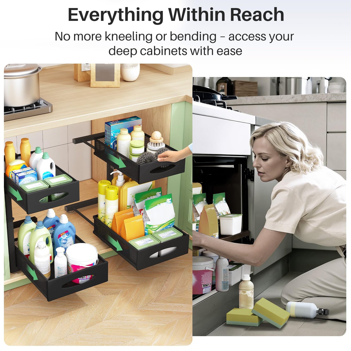 Under Sink Organizer, 2 Tier Pull out Cabinet Organizer Baskets with Mesh Sliding Drawers, Slide out Storage Shelf for Home, Kitchen, Bathroom, Pantry, Office Cabinet, Countertop(1 Pack)