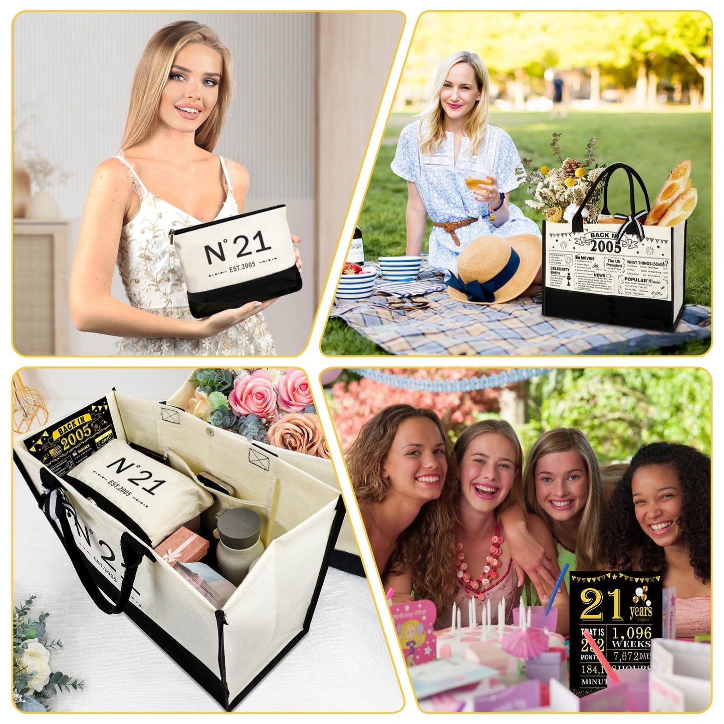 YeohJoy 21st Birthday Gifts for Her Reusable Grocery Bag, Unique 21 Years Old Birthday Gifts for Daughter Friends Girlfriend Classmates Sister Her, EST.2005 Bag & Makeup Bag & Back in 2005 Poster