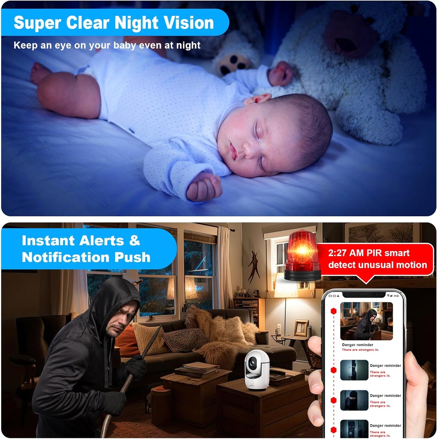 Cloarks 2K 2-Way 24/7, Pan/Tilt Security Camera, WiFi Indoor Cameras for Home Security with AI Motion Detection