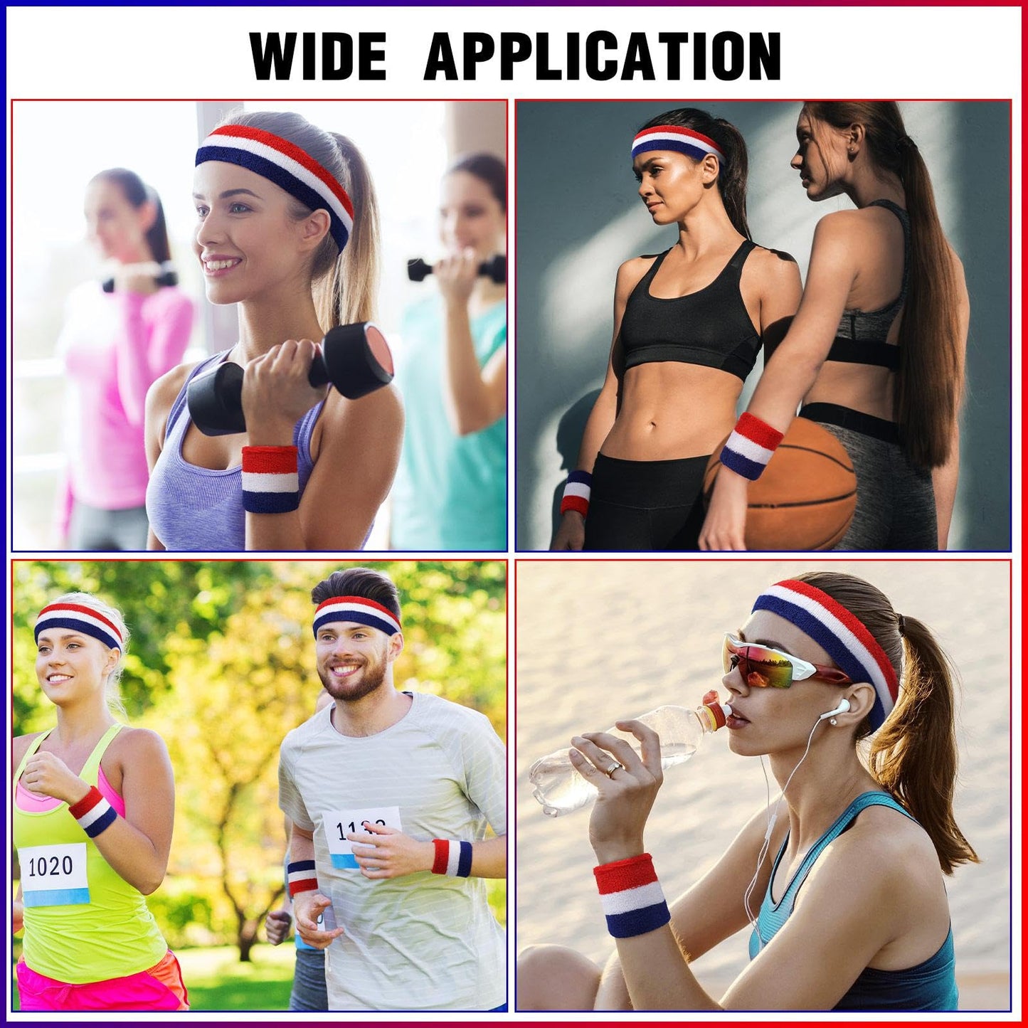 Eurzom 36-Piece Striped Sweatband Set: 12 Sweat-Absorbing Headbands and 24 Cotton Wristbands for Men, Women - Gym, Sports (White, Blue, Red)