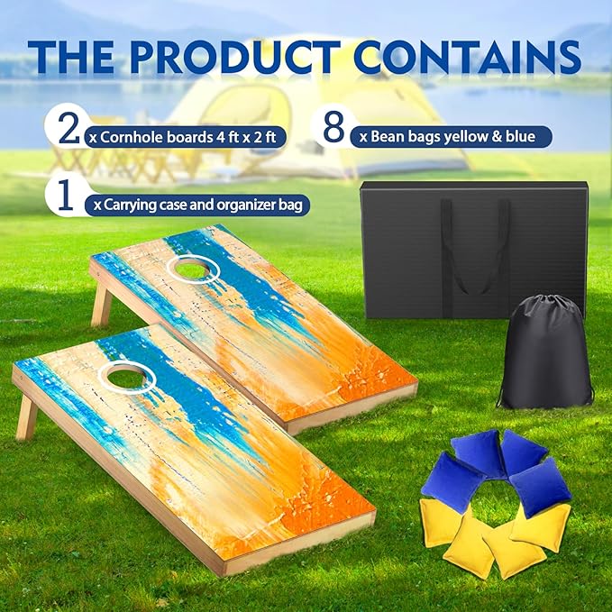 Cornhole Board Set, Regulation Size 4 x 2FT/3 x 2FT Solid Wood Corn Hole Game Set with 8 Bean Bags,2 Cornhole Boards and 1 Carry Bag for Outdoor Beach Toss Games Competitions