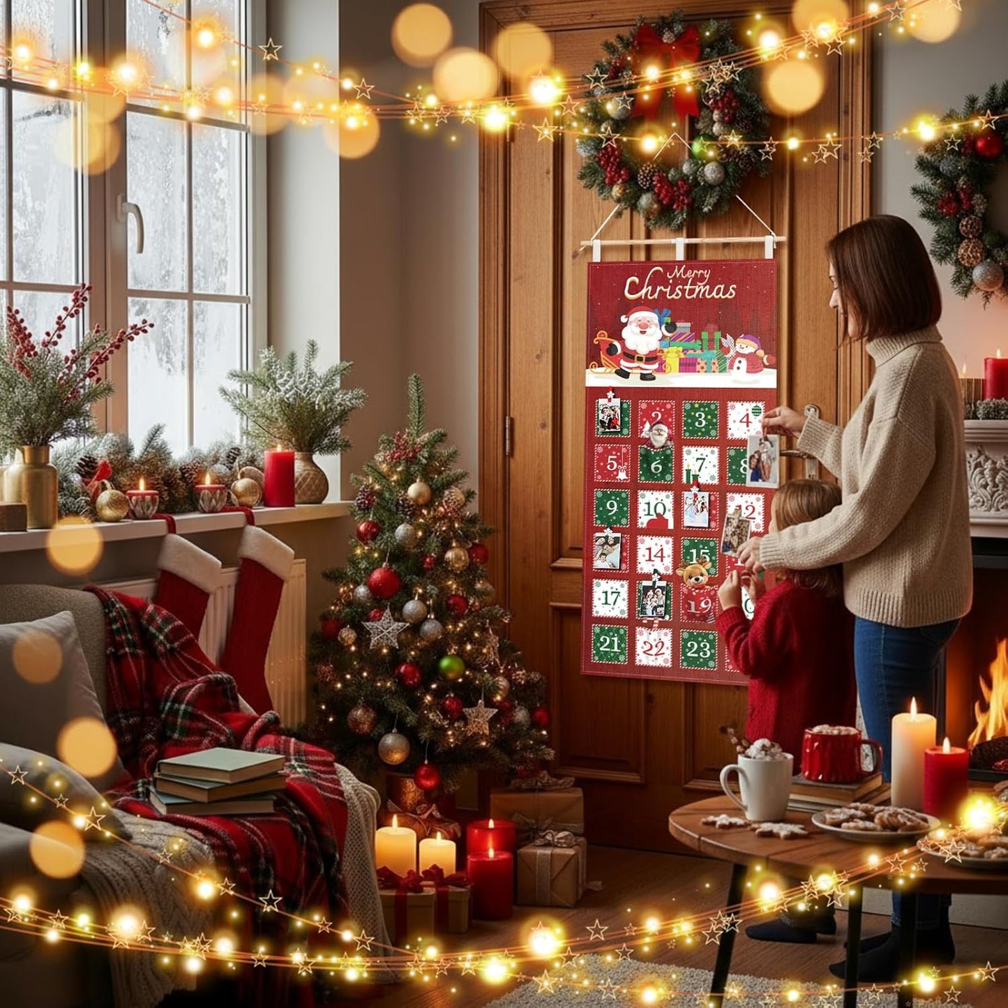 Weysat Christmas Fabric Advent Calendar - Reusable 24-Day Countdown Wall Hanging with Pockets & Clips | Santa Claus Design