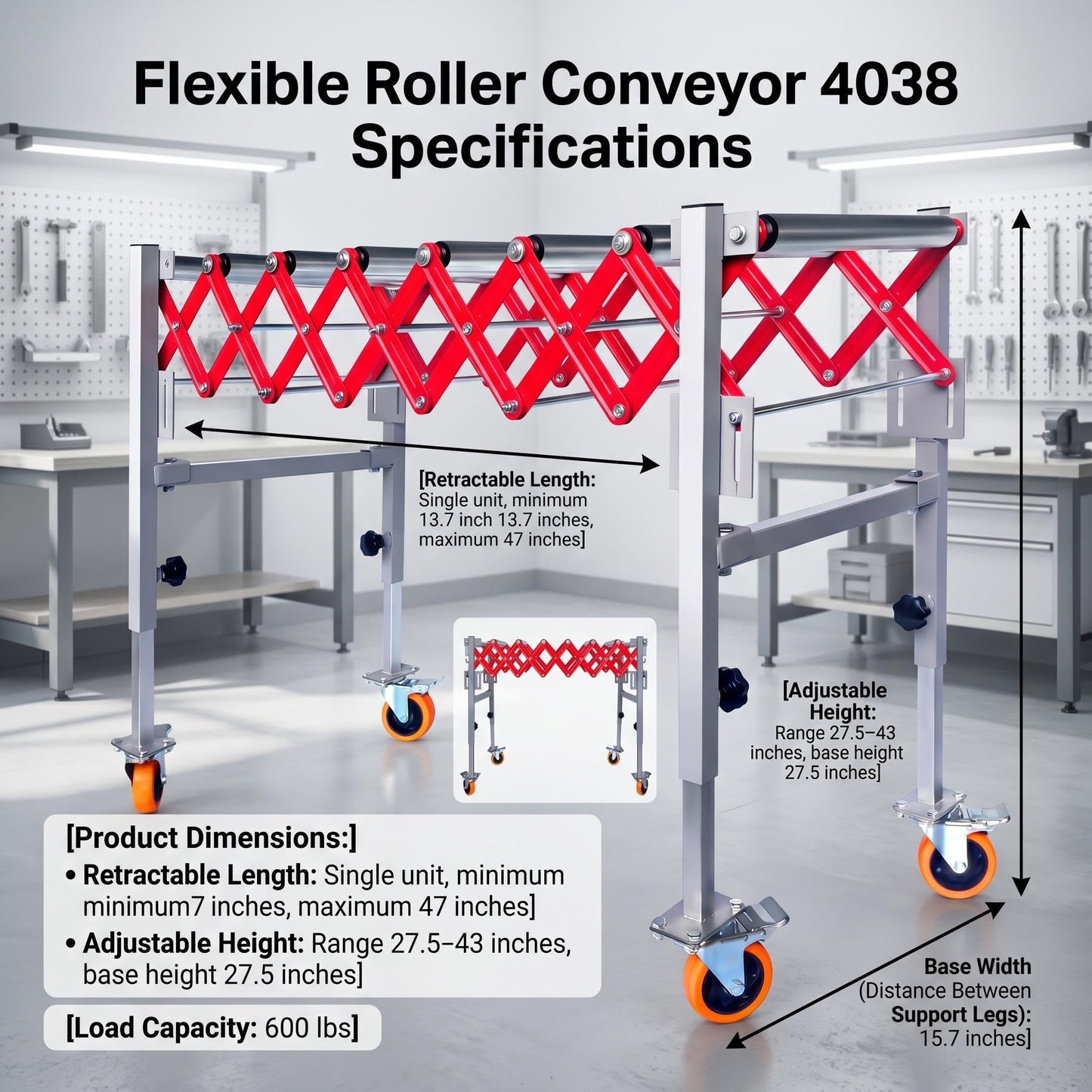 600LBS Adjustable Roller Conveyor Table, 16 Inch Wide Expandable Conveyor System, Height Adjustable 27.5"-43", Mobile Support for Warehouse Operations