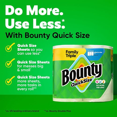 Bounty Paper Towels - Quick Size White Family Triple Rolls | Equivalent to 6 Regular Rolls