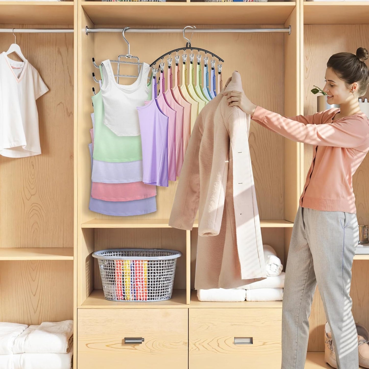 Skiennix Legging Hangers - Space-Saving Closet Organizer with 10 Clips & Tank Top Hanger | 2 Pack