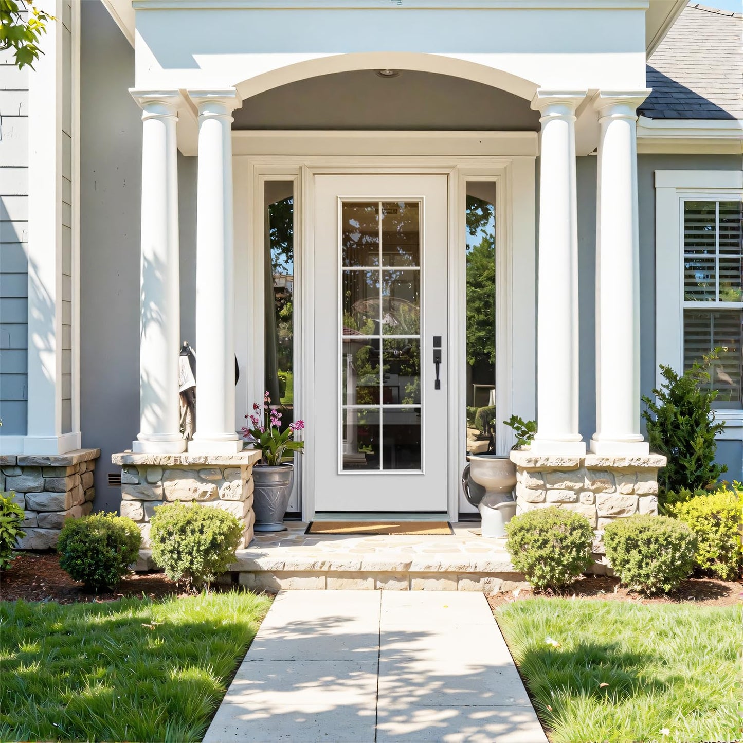 Fiberglass Exterior Front Door 36 x 80'', 8 Lite Low-E Glass Left-Hand Inswing Woodgrain Primed Knock-Down Entry Door with 4-9/16'' Brickmould and Vinyl Frame Included