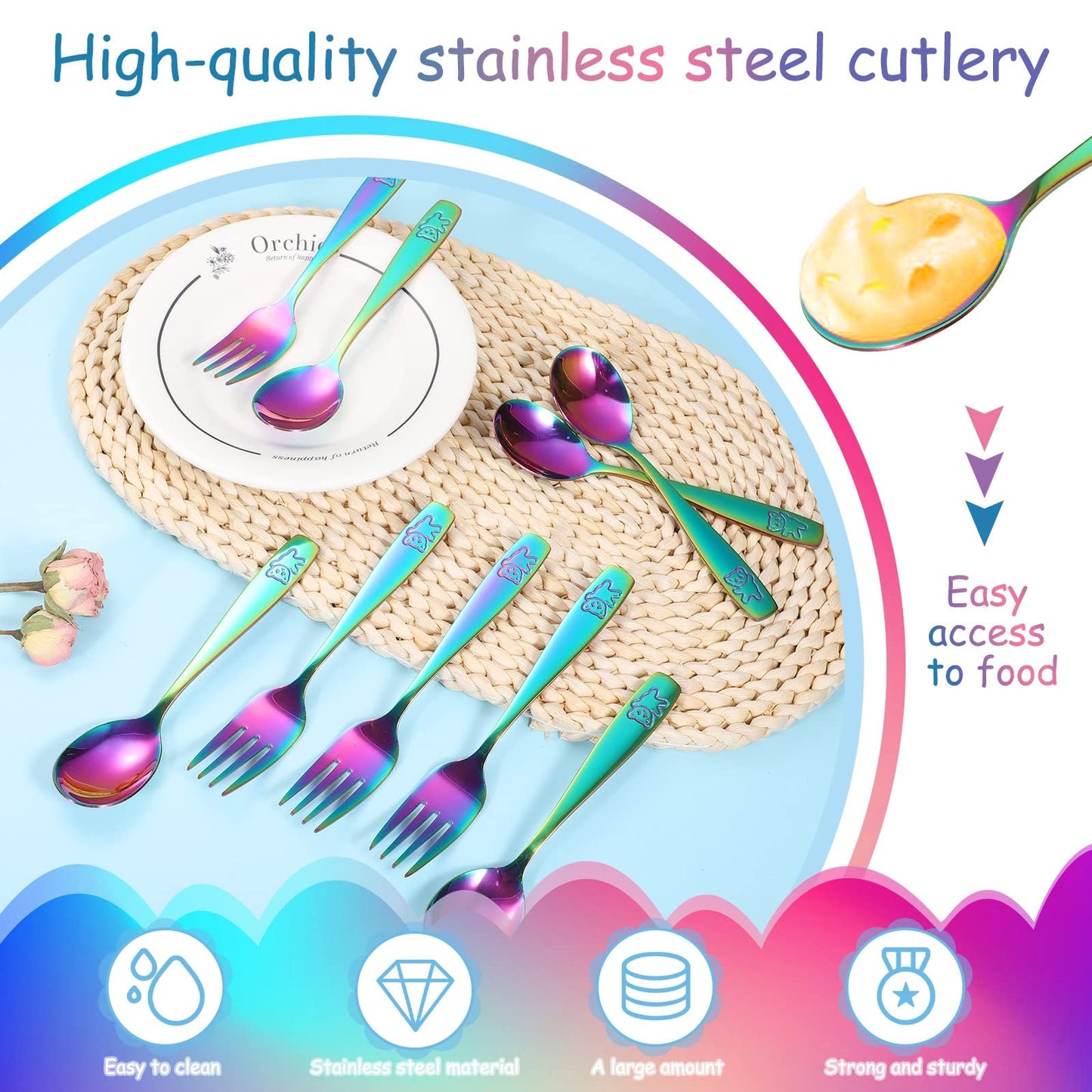 Pimoys 12 Pieces Toddler Utensils Kids Rainbow Silverware Set, Stainless Steel Childrens Safe Forks and Spoons, Metal Kids Cutlery Set, Dishwasher Safe