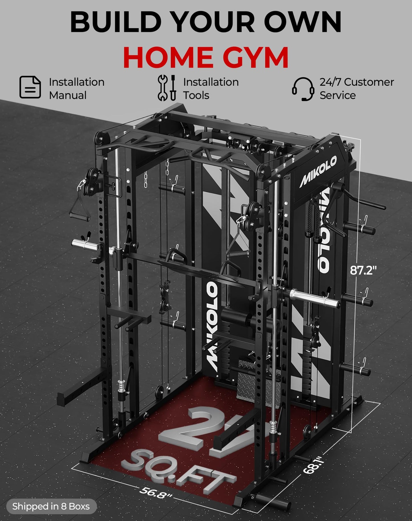Mikolo Smith Machine with Weight Stack, Power Cage Home Gym System with LAT Pulldown & Cable Crossover, Multi-Functional Trainer with Dual Pulley System, BP 230lbs