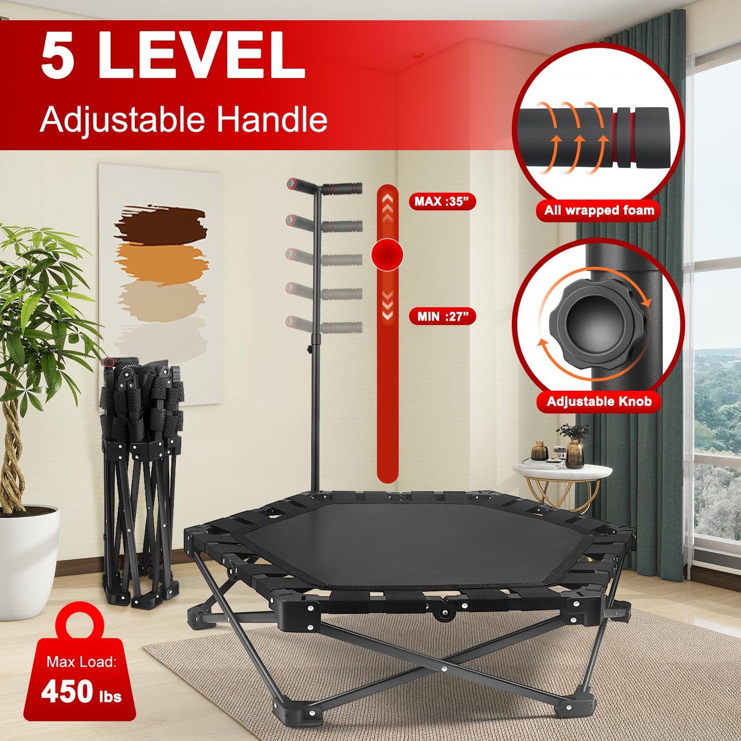 Foldable Mini Trampoline — One-Step Fold & Open, 42" Rebounder Trampoline for Adults & Kids, 450lbs Max Load, Adjustable T-Bar, Indoor & Outdoor Workout