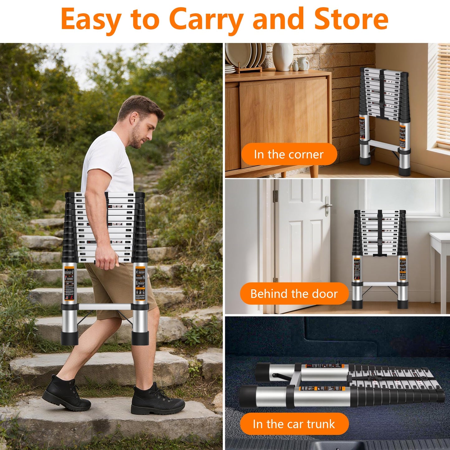 Telescoping Ladder 12.5 FT Telescopic Ladders Stainless Steel Extension Ladder with Triangle Stabilizers, Portable Collapsible Extendable Ladder for Home,RV,Outdoor Work,330lbs Max Capacity