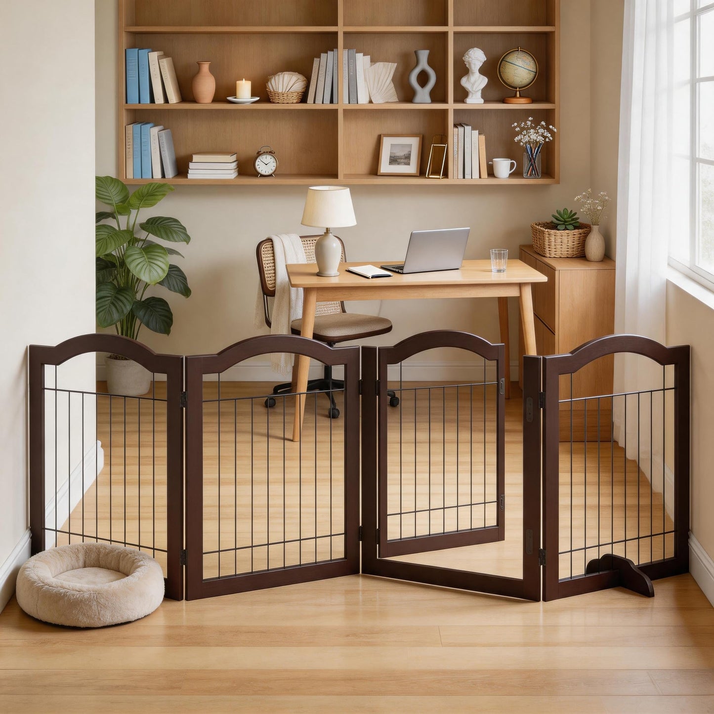 Vantas Folding No-Assembly Dog Door Pet Gate 96" Wide, 30" Tall Wooden Dog Gate with Door Walk Through, Freestanding Wire Pet Gate, Pet Puppy Safety Fence, with 2PCS Support – Espresso