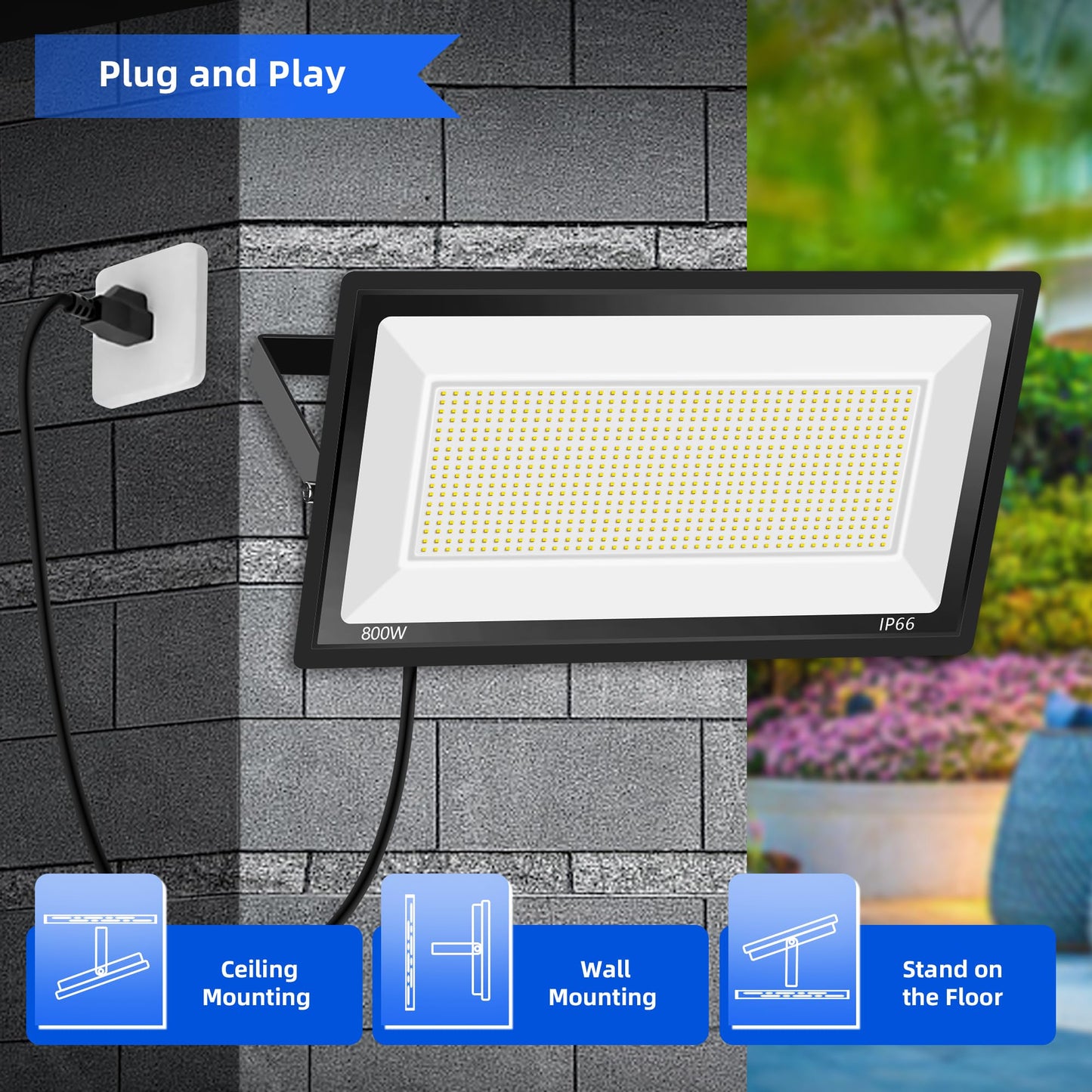 Sunkkes 2 Pack 800W LED Flood Light Outdoor,Ultra Bright FloodLight with Plug,80000LM 5000K Daylight White IP66 Waterproof Commercial Lighting for Sports Fields, Counts, Arena, Stadium