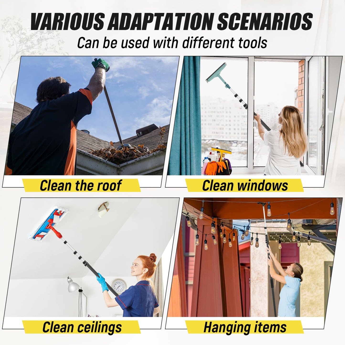 Leriton 7-36 ft Telescopic Extension Pole with Utility Hook, Multi-Purpose Aluminum Pole for Painting, Dusting and New Year Window Cleaning Christmas Lights Installation Without a Ladder (Black)