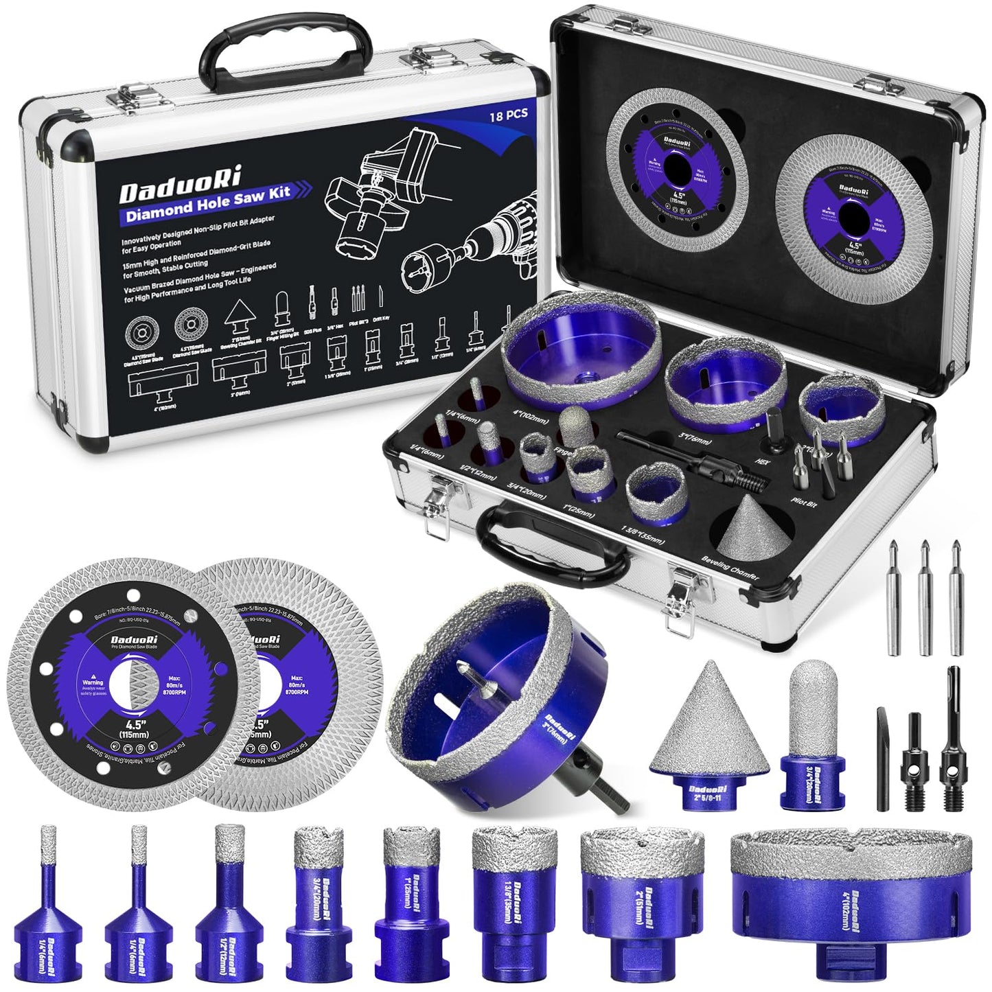 DaduoRi 18 PCS Diamond Hole Saw Kit with Pilot Bit Adapter, 1/4"- 4" Thickened Core Drill Bit Set, Includes Tile Shaping Cone & Wide Diamond Saw Blade, for Porcelain, Ceramic, Granite, Marble, Stone