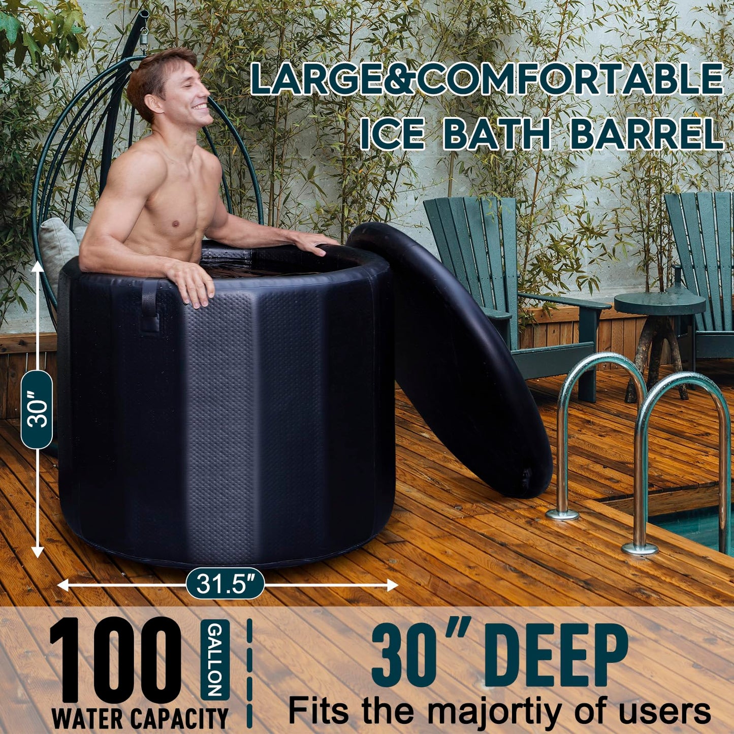AWEMUFA Cold Plunge Tub for Athletes, 100 Gallon Inflatable Ice Bath Tub Water Chiller Compatible, Portable Ice Tubs for Cold Plunge with Insulated Lid for Outdoor & Indoor Recovery