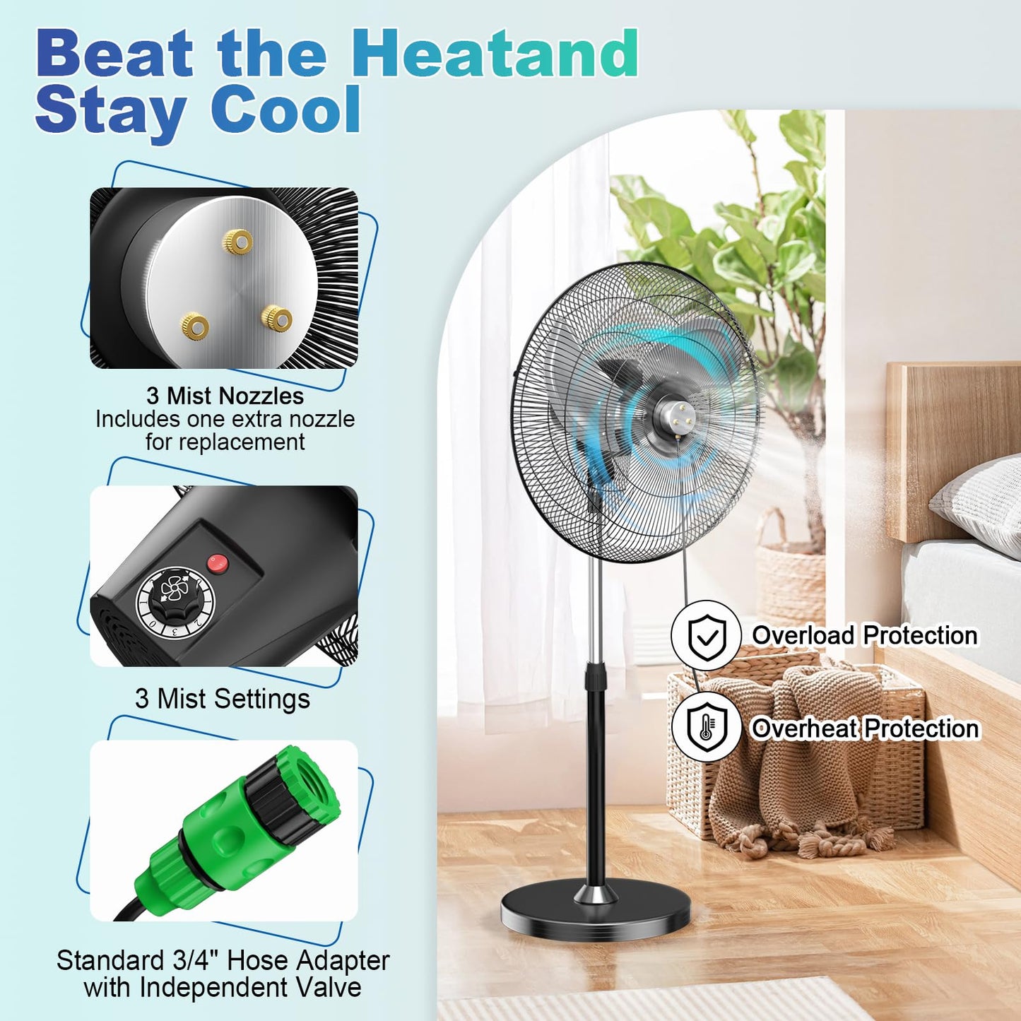 Baotree 22" Oscillating High-Velocity Outdoor Pedestal Misting Fan, 3-Speed Waterproof Outdoor Fan, Heavy Duty Industrial Floor Fans for House,Patios, Commercial, Garage, Warehouse