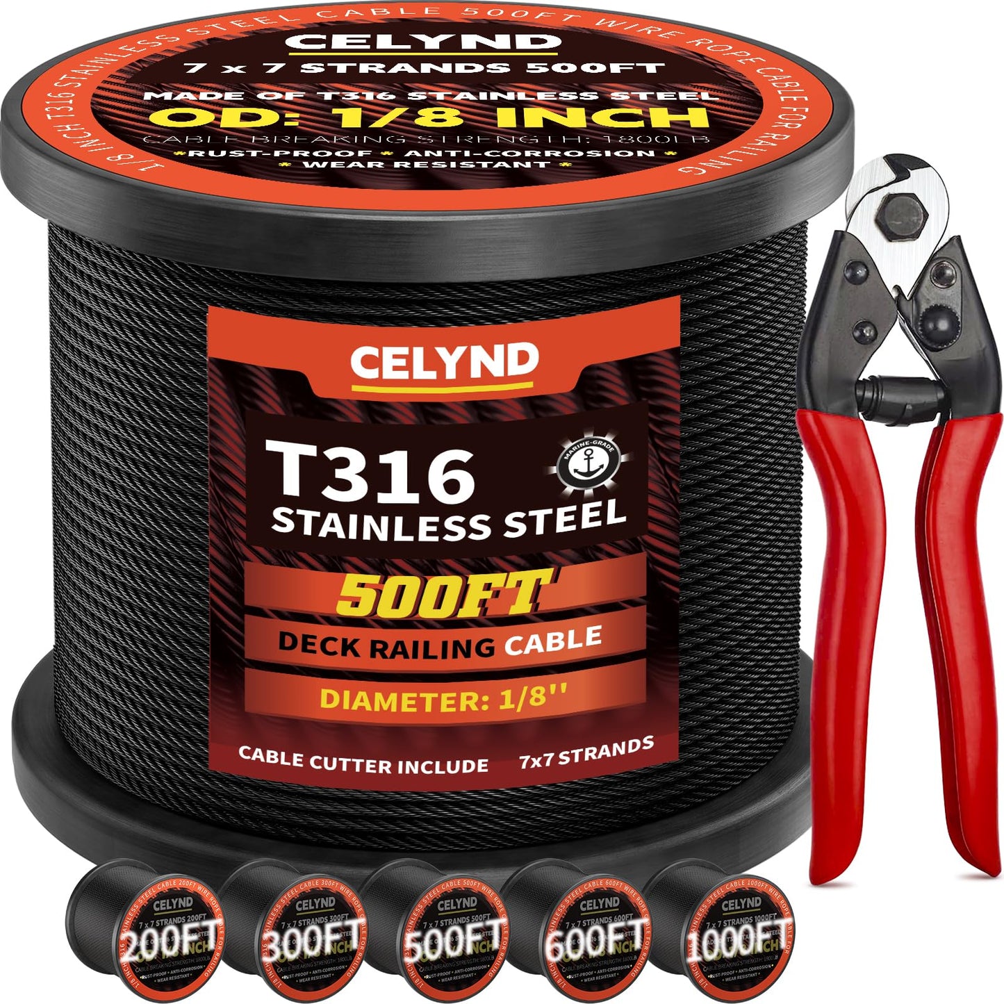 Black Stainless Steel Cable for Railing - 500FT 1/8" T316 Wire Rope for Deck Cable Railing System Kit