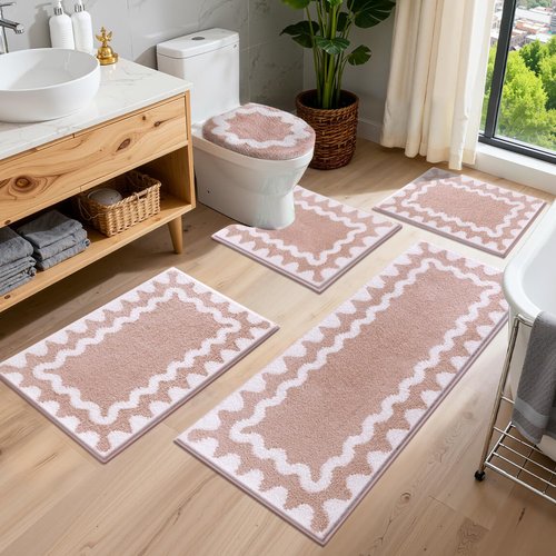 Findosom Bathroom Rugs Sets 5 Piece, Absorbent Soft Non-Slip Washable Microfiber Shaggy Bath Mat Set with Bathroom Runner Rug, U-Shaped Toilet Rugs, Shower Rug & Toilet Lid Cover, Pink-White