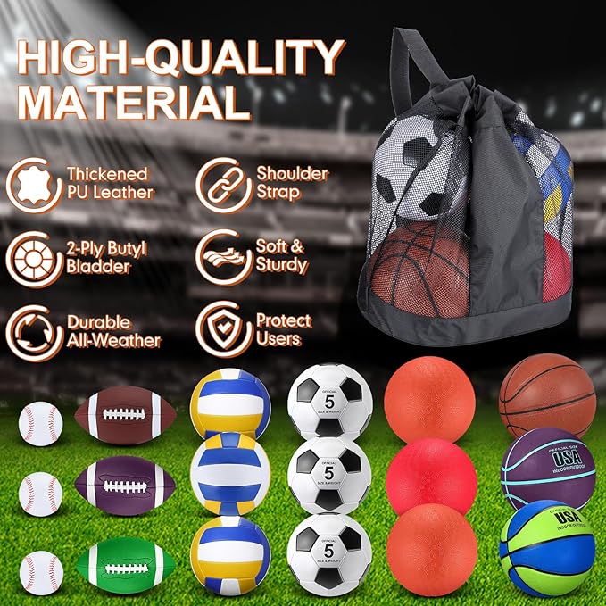 Leyndo 18 Pcs Sport Balls Bulk Set Basketball Football Volleyball Soccer Playground Baseball with Sport Equipment Bag Pump for Outdoor Indoor Practice Gift