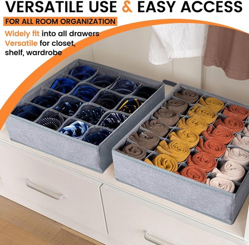 Criusia Sock Organizer - 64 Cell Fabric Drawer Dividers for Socks, Underwear & Ties | Gray