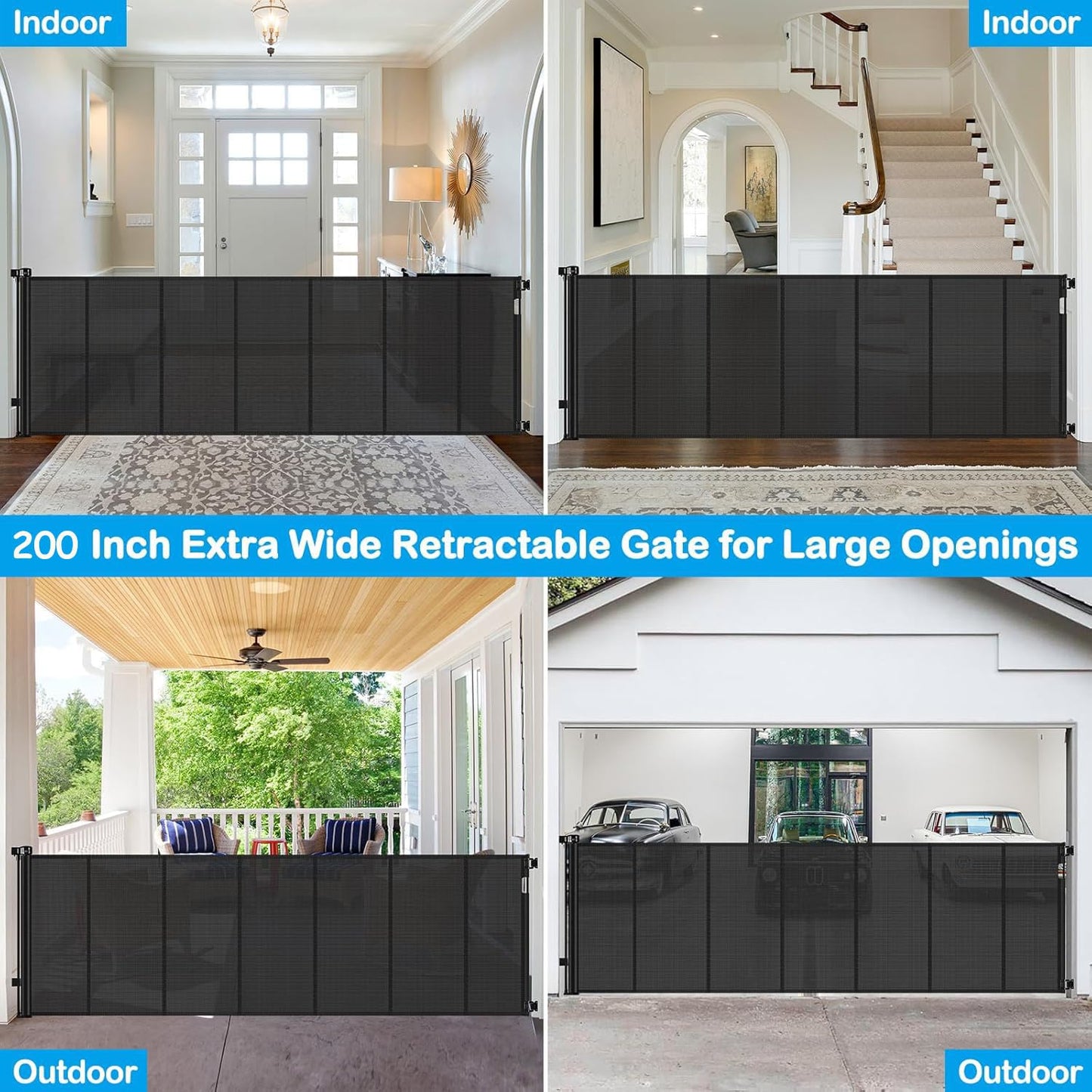 Reinforced 42" Extra Tall Retractable Dog Gate, 200" Extra Wide Baby Gate with Support Rods-Prevent Crawling Through, Outdoor/Indoor Baby Fence/Barrier/Blocker for Home, 16ft Retractable Garage Gate