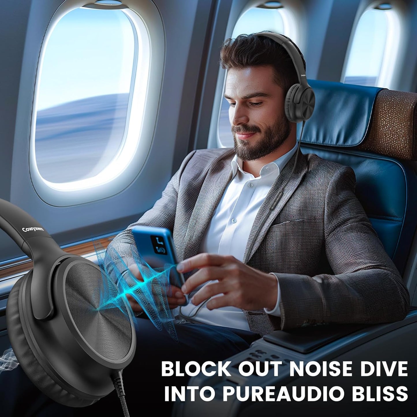 3.5mm Cowyawn Over Ear Headphones Wired, Foldable Wired Headphones with Microphone, Volume Control, HD Stereo Sound