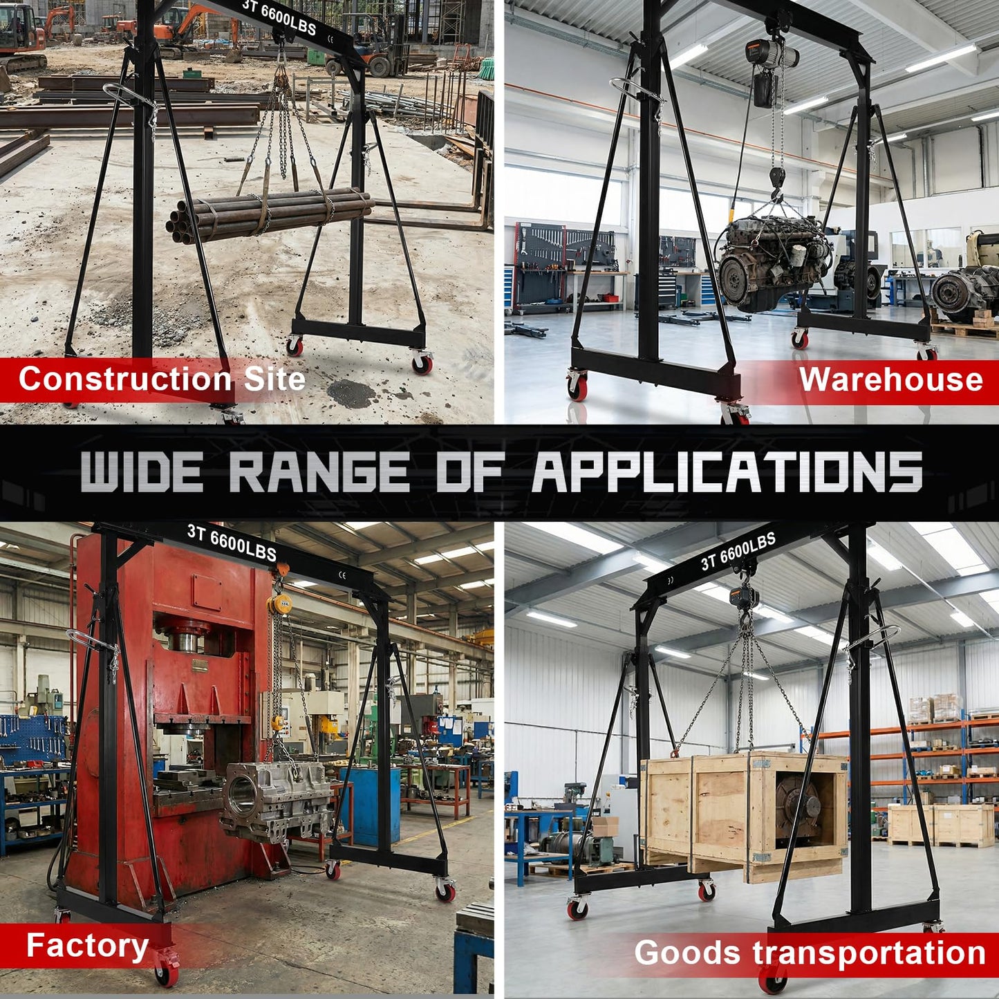 3 Ton 6600 LBS Gantry Crane, Portable Shop Hoist with Wheels, Adjustable Height 8.5-12.5 FT, Heavy Duty Steel I-Beam Gantry Crane with Trolley for Warehouse, Factory, Auto Repair & Construction