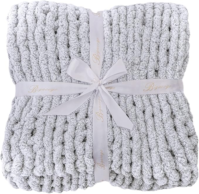 Bigacogo Chunky Knit Throw Blanket for Couch, 40x60 inches, 100% Hand Knitted with Thick Jumbo Chenille Yarn, Cozy Soft Large Rope Knot Cable Crochet Blankets for Sofa Bed Living Room, Light Grey