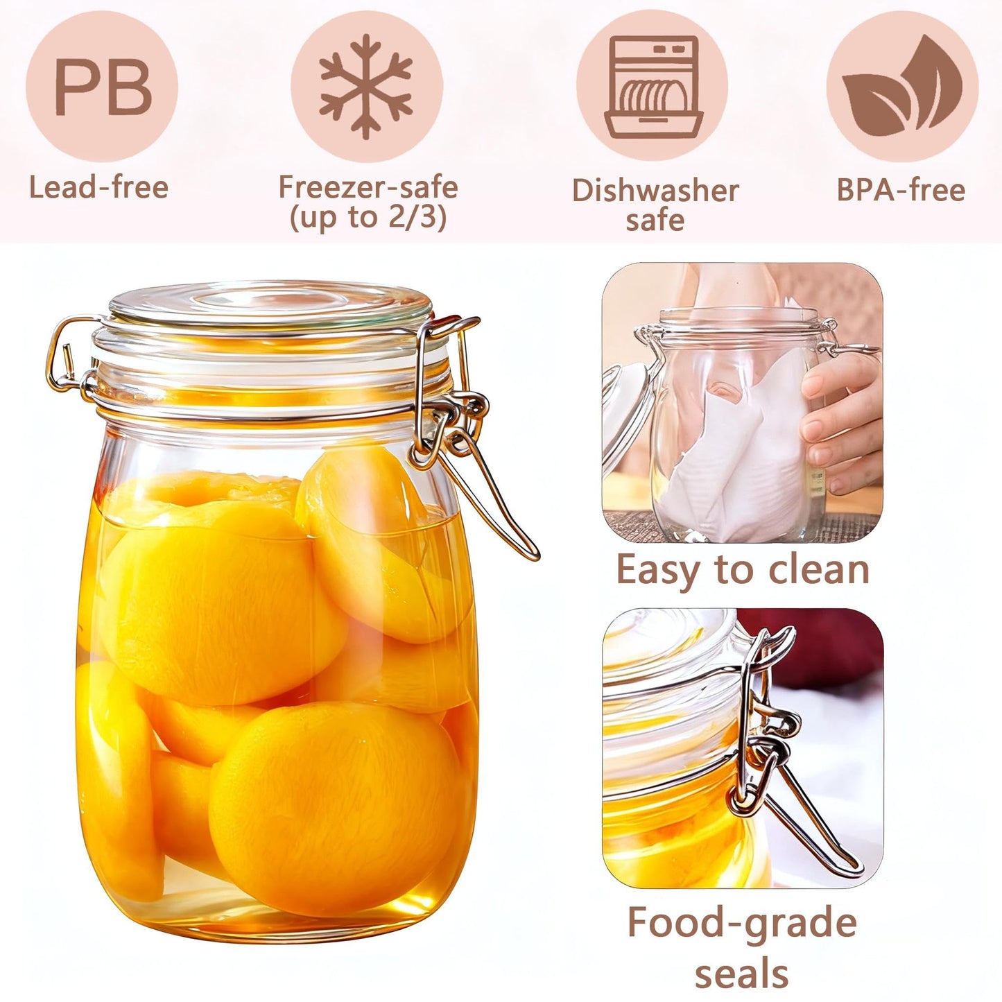 TAOUNOA 4PCS Glass Jars with Airtight Lid, 34 OZ Mason Jars Wide Mouth, Glass Pickling Jars for Canning & Fermenting, Mason Storage Container for Coffee, Flour, Sugar, Pasta