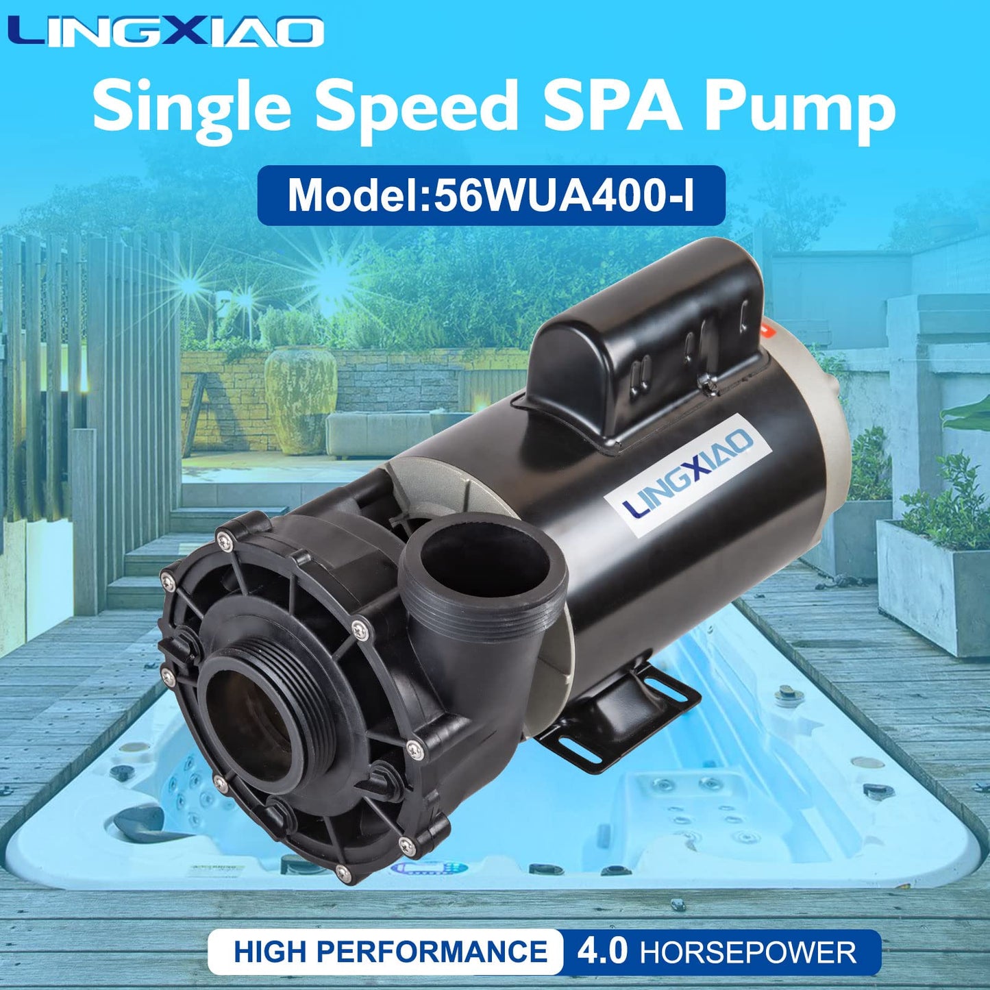 LINGXIAO SPA Pump, Single Speed SPA Hot Tub Pump - 56 Frame LX SPA Pump Motor 4HP, 220-240V, 2" Port (Model: 56WUA400-I)