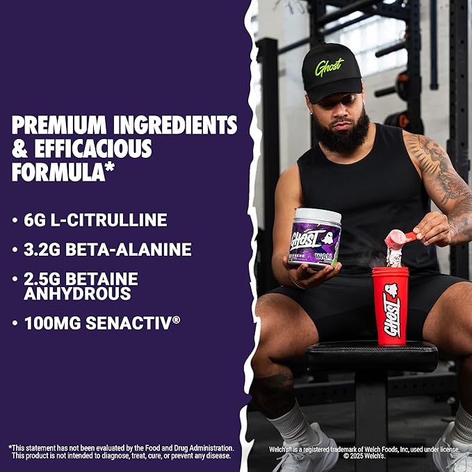 GHOST Legend Pre-Workout Powder, Welch's Grape - 30 Servings ??Pre-Workout for Men & Women with Choline, L-Citrulline, & Beta Alanine for Energy & Focus