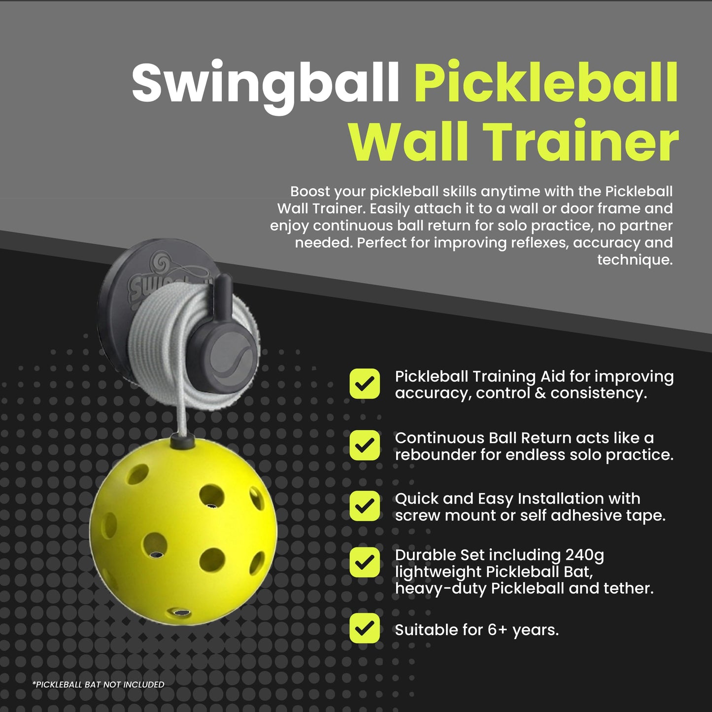 Swingball Solo Pickleball Trainer Set – Wall Mount Rebounder with Real Ball Tether – Indoor/Outdoor Practice Partner for All Skill Levels – Perfect Solo Training Aid - No Paddle Included, Ages 6+