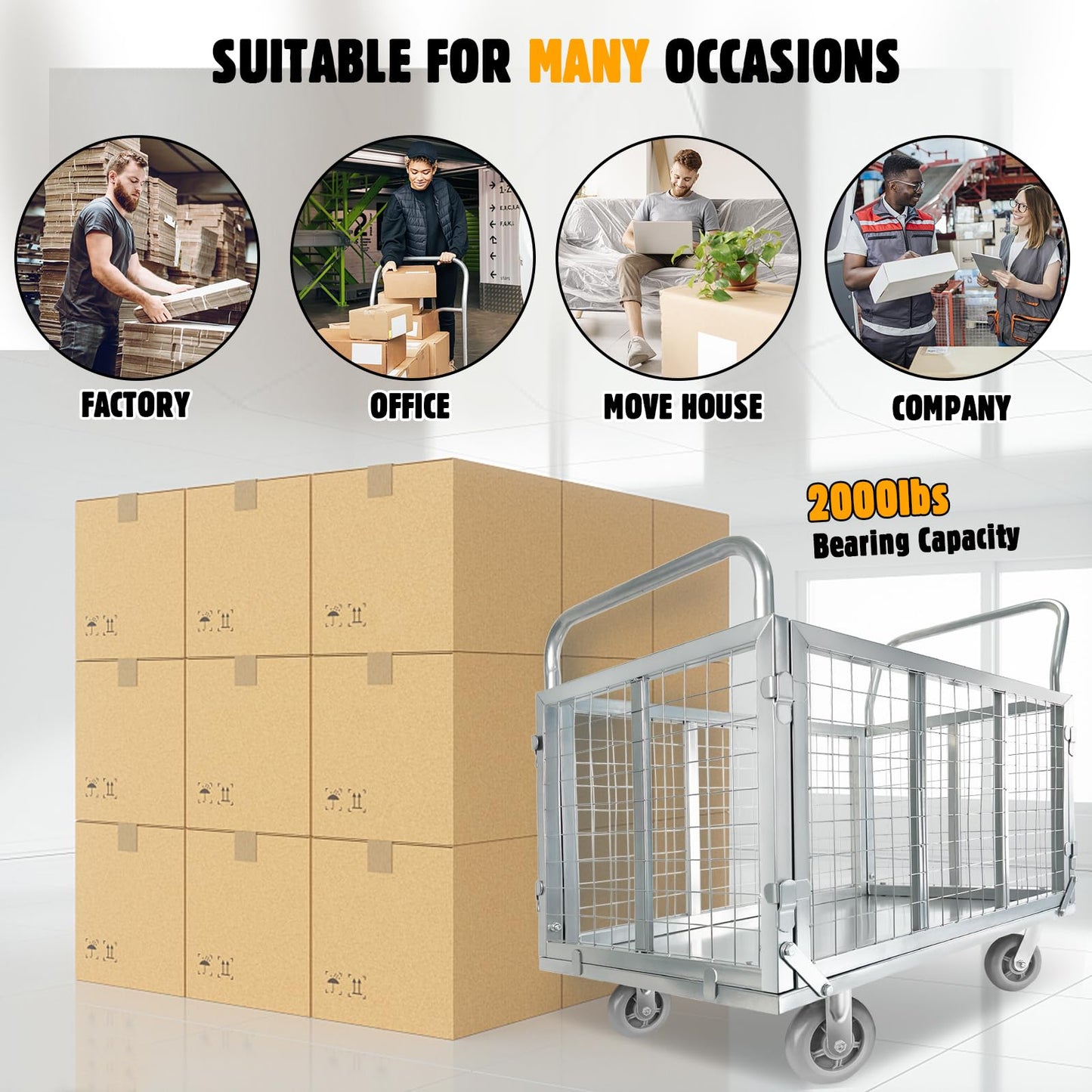 2000lbs Capacity Platform Truck Cart with Cage 6-in-1 Multi-Purpose Flatbed Cart 39"x24" Foldable Heavy Duty Push Cart Dolly W/Swivel Wheel & Rmovable Side for Groceries, Garage, Warehouse, Laundry