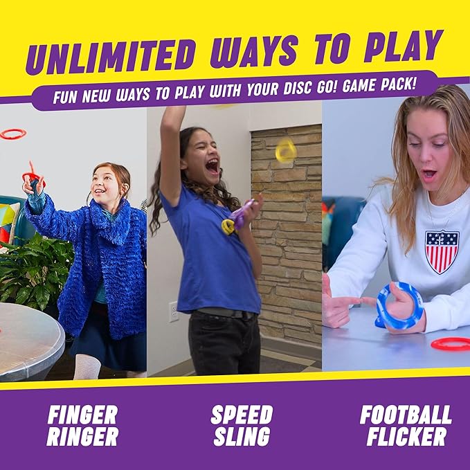 DiscGO! Game 9 Soft Silicone Discs, Play Indoor/Outdoor for Fun, Gift, Family, Camping, Parties, Tailgating, Team Building, Classroom, Portable Travel Games for Kids & Adults (Yellow, White & Purple)