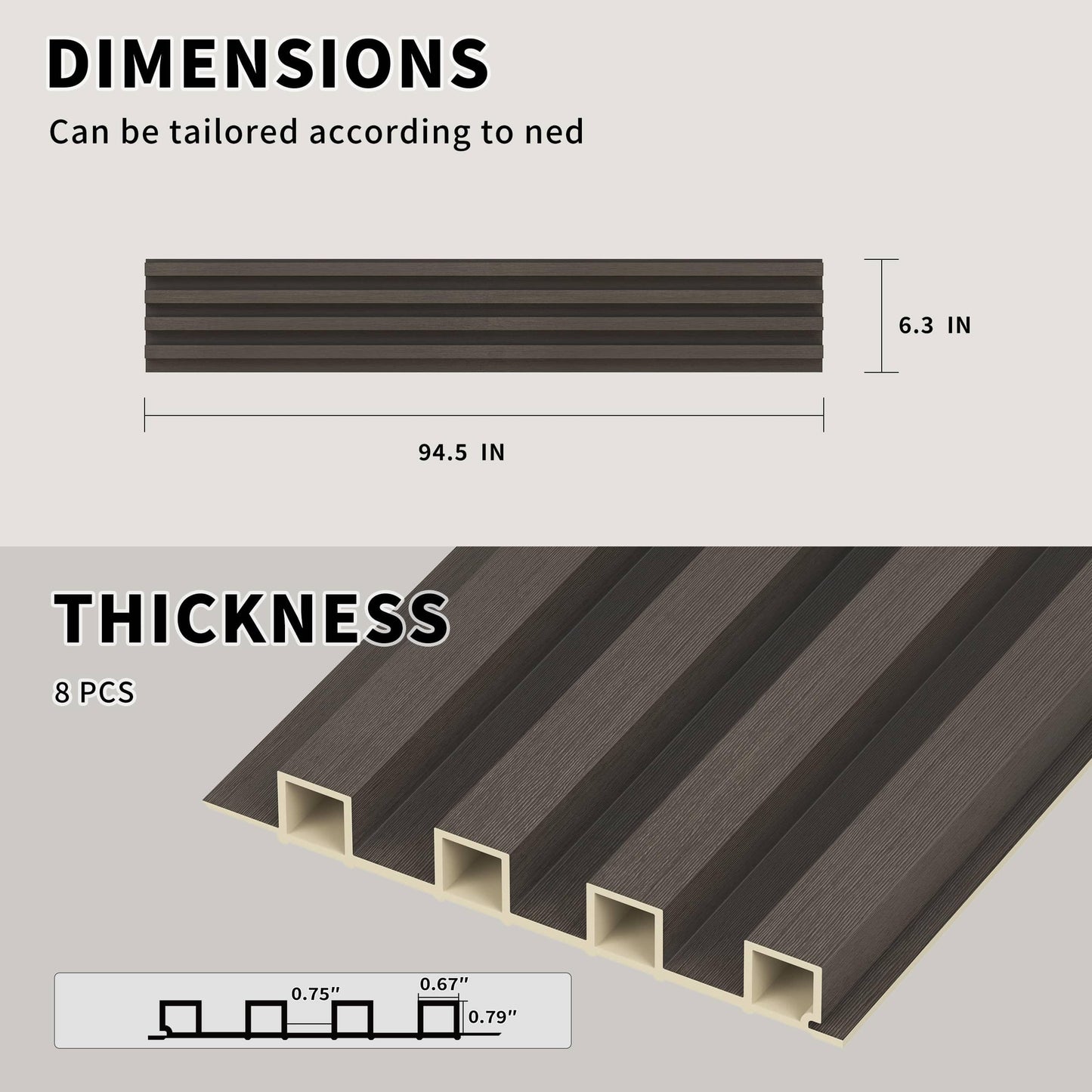 POHARE WPC Slat Wall Panels, 8 Pack 95 x 6 in Accent Decorative Acoustic Wood Slats for Wall and Ceilings, Acoustic Panels for Interior Wall Modern Décor,Brown/Grey
