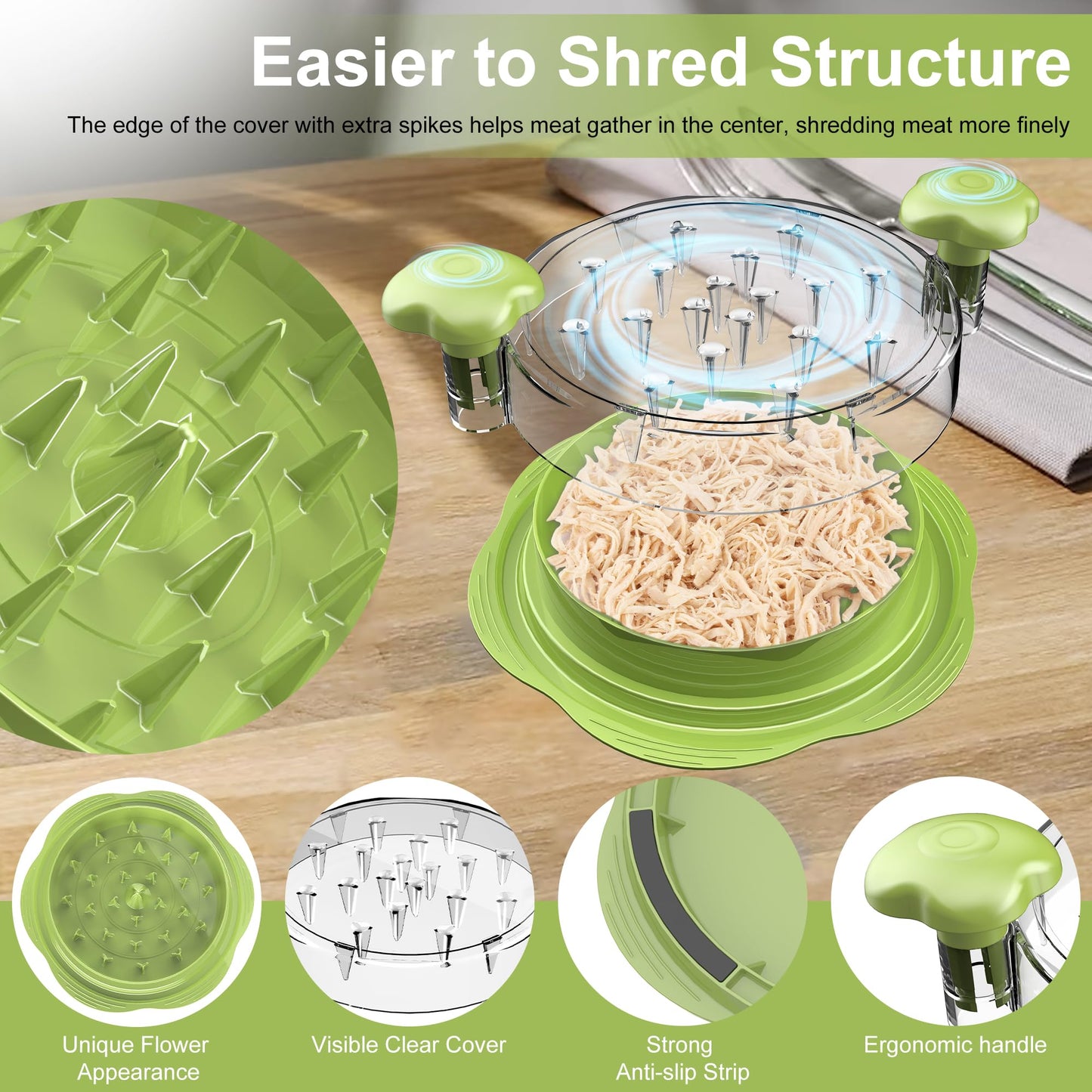 SURETIVIAN Chicken Shredder Tool Twist Large Chicken Breast Shredder with Brush&Fork, Visible Meat Shredder Machine, Anti-Slip Strip, Ergonomic Handle, BPA Free, Suitable for Pork Beef Chicken(Matcha)