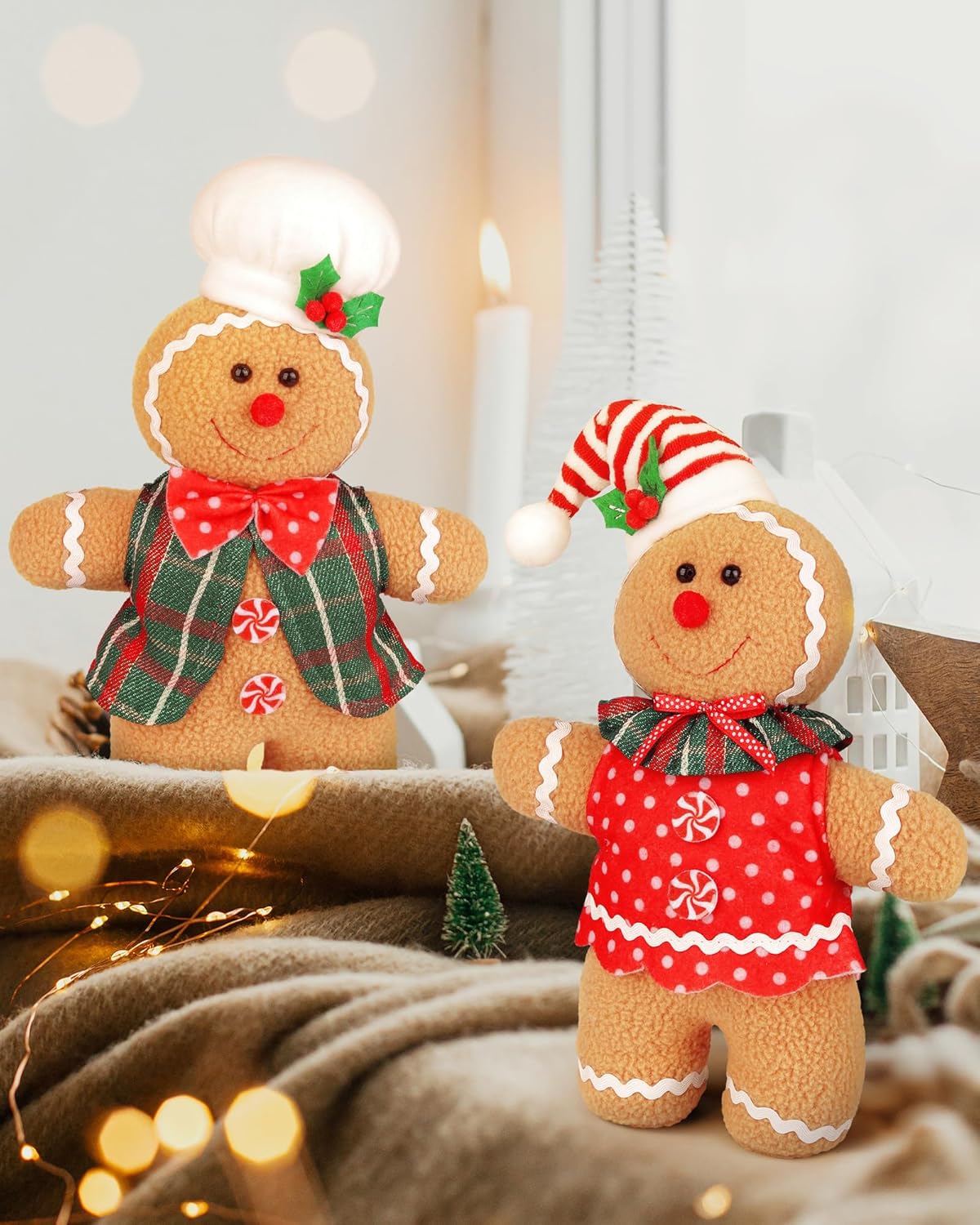 D-FantiX Gingerbread Man Plush Doll Set - 2 Handmade Stuffed Animal Toys for Christmas Decor