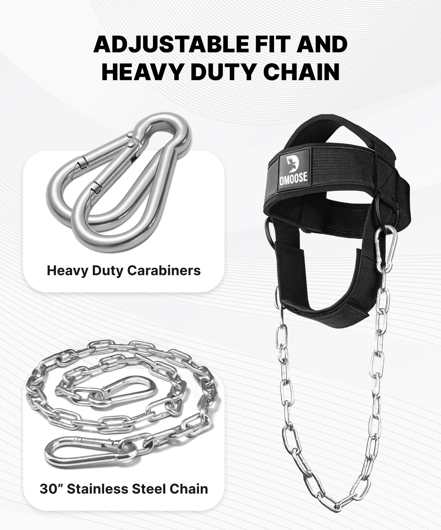 DMoose Fitness Neck Harness for Weight Lifting - Soft Padded Head & Chin Strap with 30" Heavy Duty Steel Chain - Neck Exerciser, Trainer & Strengthener to Support Injury Recovery (Black)