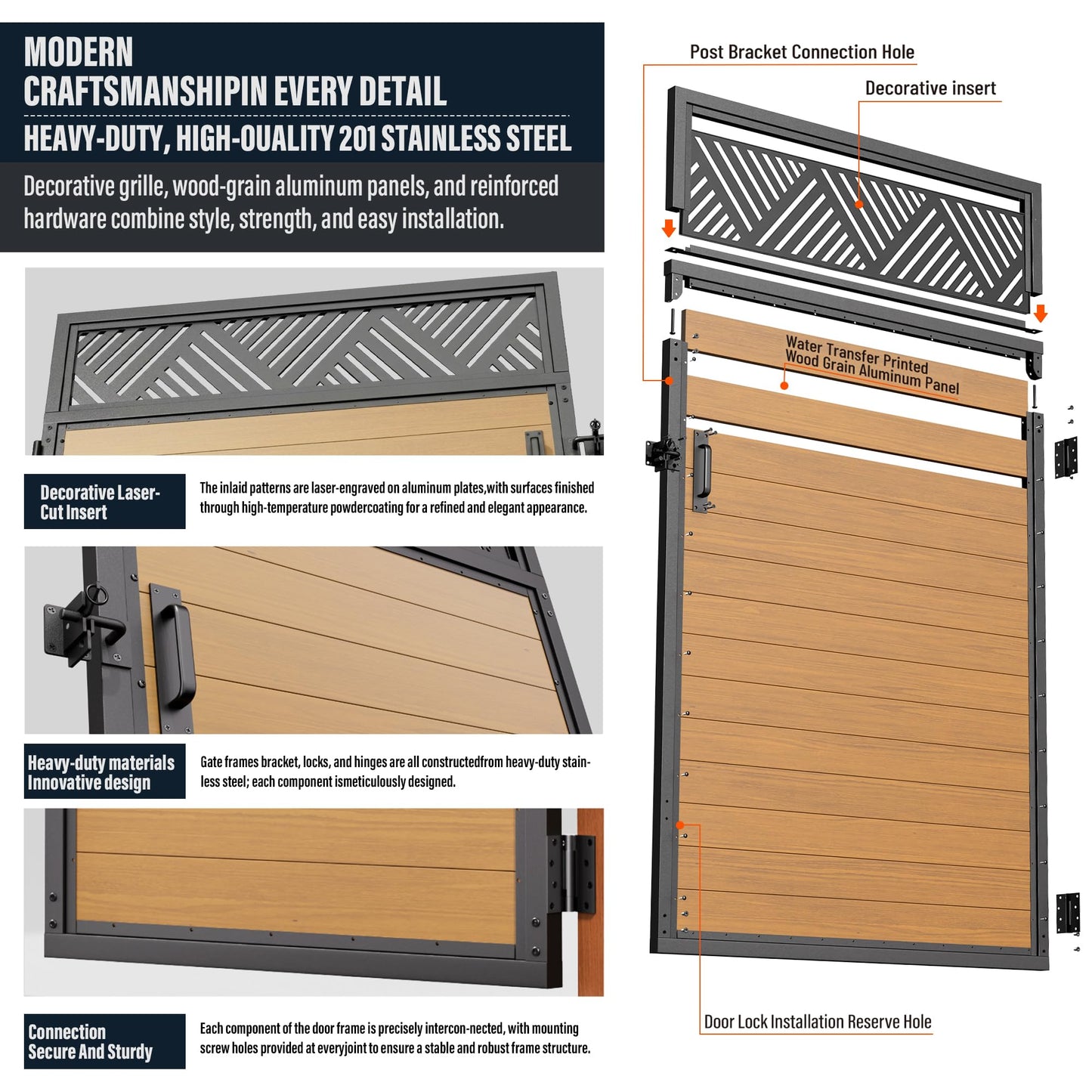 TORMIZ 4x6 FT (46.8"x70.8") 201 Stainless Steel Fence Gate Kit with Wood-Grain Aluminum Panels – Heavy Duty Anti-Sag Metal Gate Frame, Pre-Installed Left/Right Mount (All-in-One Kit, Panels Included)