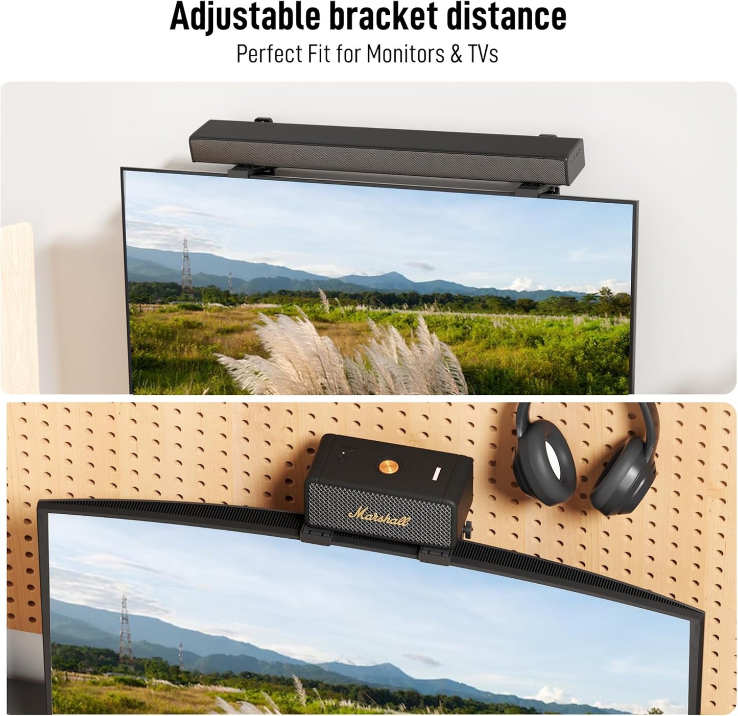 ELETIUO 11 lbs,Black No Drilling Soundbar Mount,Adjustable TV Top Shelf Compatible