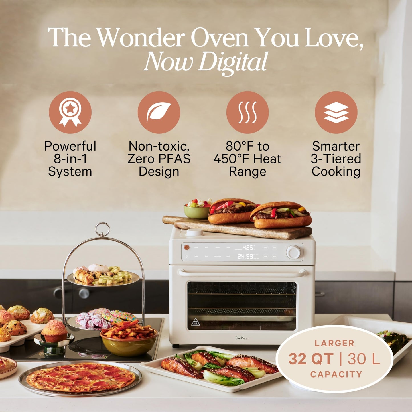 Our Place Wonder Oven Pro | 8-in-1 Digital Air Fryer & Countertop Oven with Basket, Rack, Pan & Tray | 3-Rack, 32 QT Capacity - Air Fry, Toast, Roast, Bake, Reheat, Broil, Proof & Dehydrate | Cream